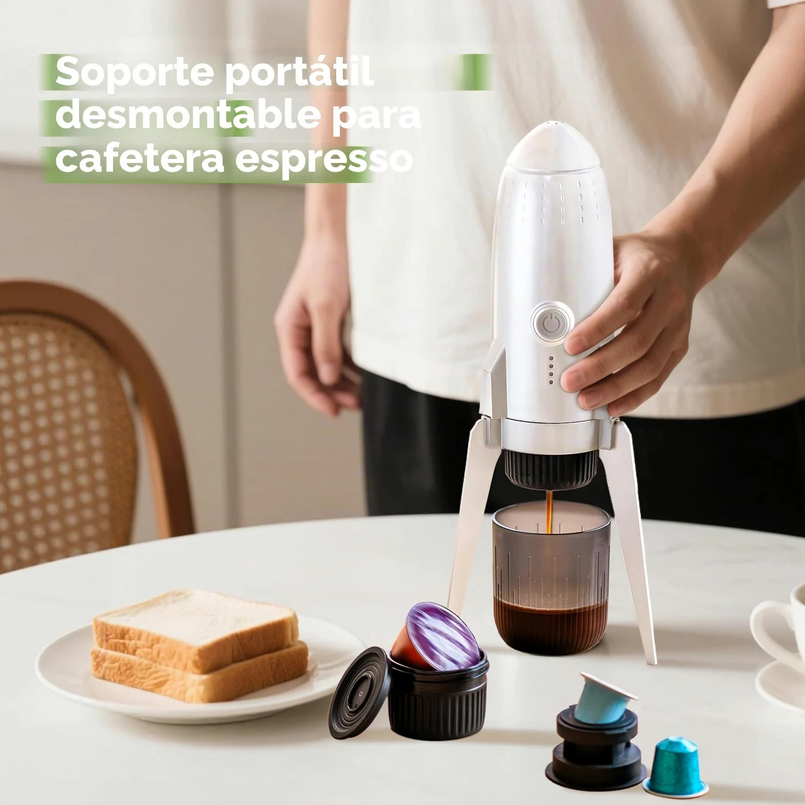 Cafetera expreso portátil 3 en 1 para llevar, cafetera expreso eléctrica autocalentable, mini cafetera para viajes, camping/senderismo, para café molido y cápsulas NS/DG, color blanco