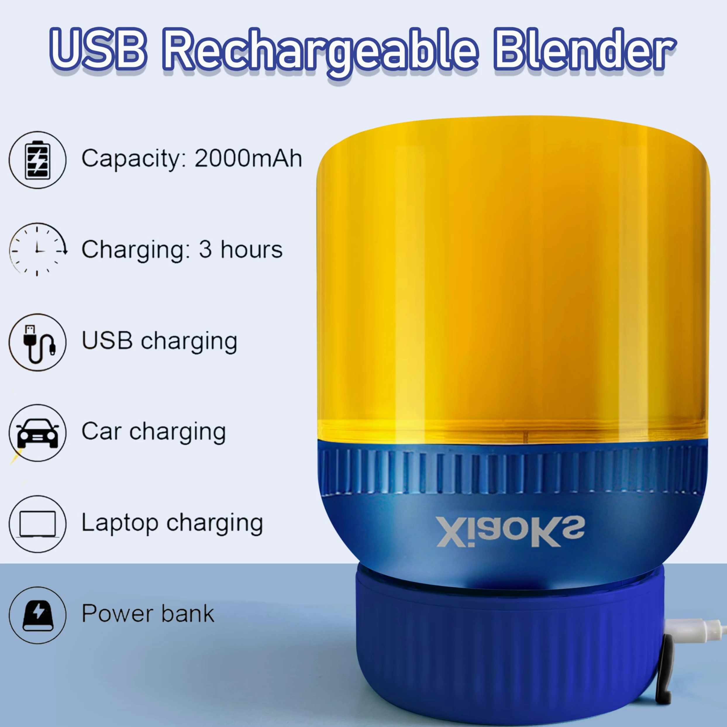 Licuadora portátil personal para batidos y batidos con taza de viaje de 43 onzas, USB recargable con taza y tapa sin BPA, vaso pequeño para cocina, oficina, viajes, gimnasio (azul)