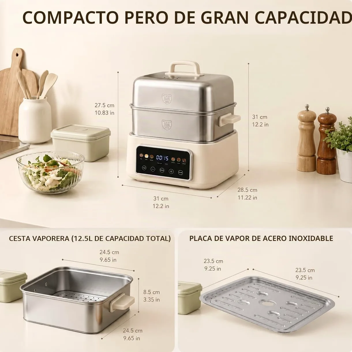 Fulgutonit 12.5L Vaporera Eléctrica de Acero Inoxidable 304 | 2 Niveles, 6 Programas Inteligentes, Temporizador de 24 Horas, Vaporera y Hot Pot 2 en 1, Cocina Multifunción