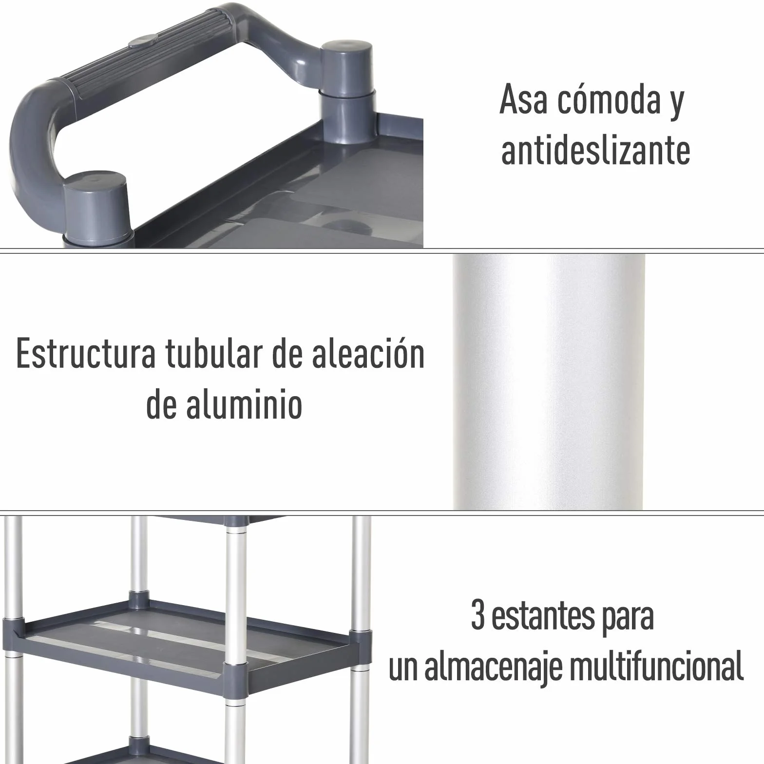HOMCOM Carrito Auxiliar con Ruedas de 3 Niveles, Marco de Aleación de Aluminio, Carrito de Cocina, Carga de 35 kg por Estante, para Comedor, Sala, Baño, 88x44x93 cm, Gris