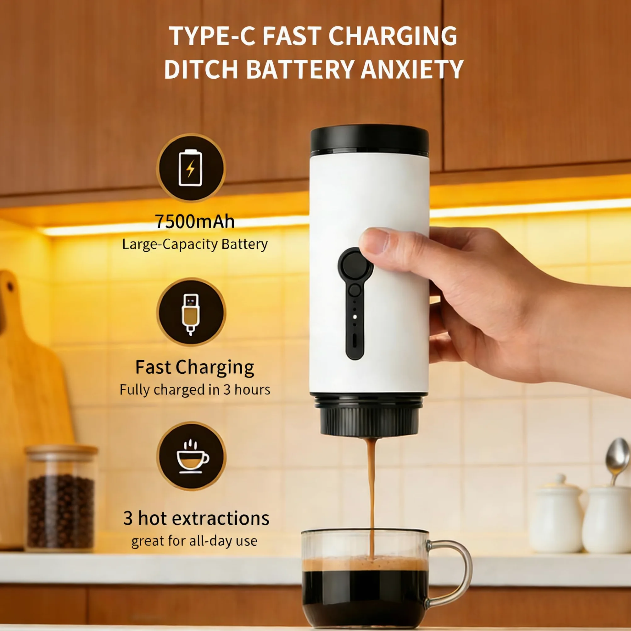 SANMAS Cafetera espresso portátil, cafetera de autocalentamiento recargable por USB-C, para viajes y camping, compatible con café molido y cápsulas, cafetera eléctrica compacta para coche, caravana