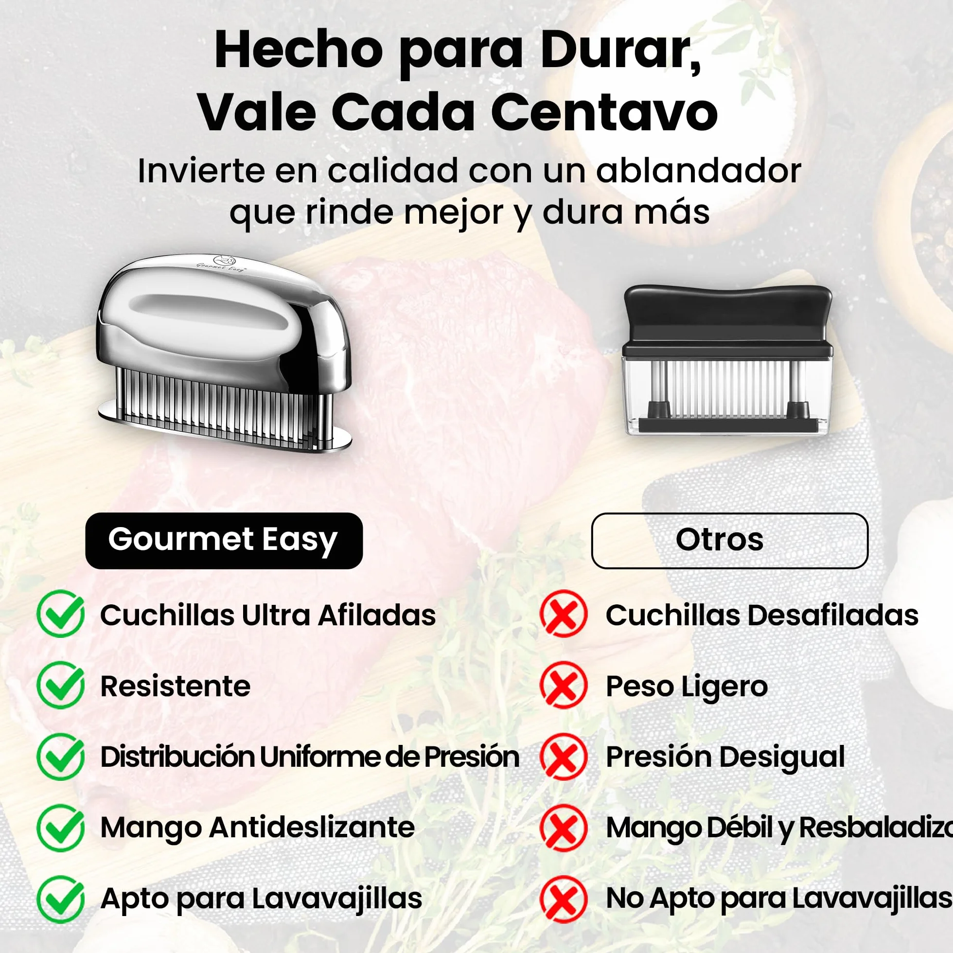 Ablandador de carne de acero inoxidable con agujas ultra afiladas – Herramienta profesional para ablandar carne de res, pollo, cerdo y ternera – Mango ergonómico – Fácil de limpiar