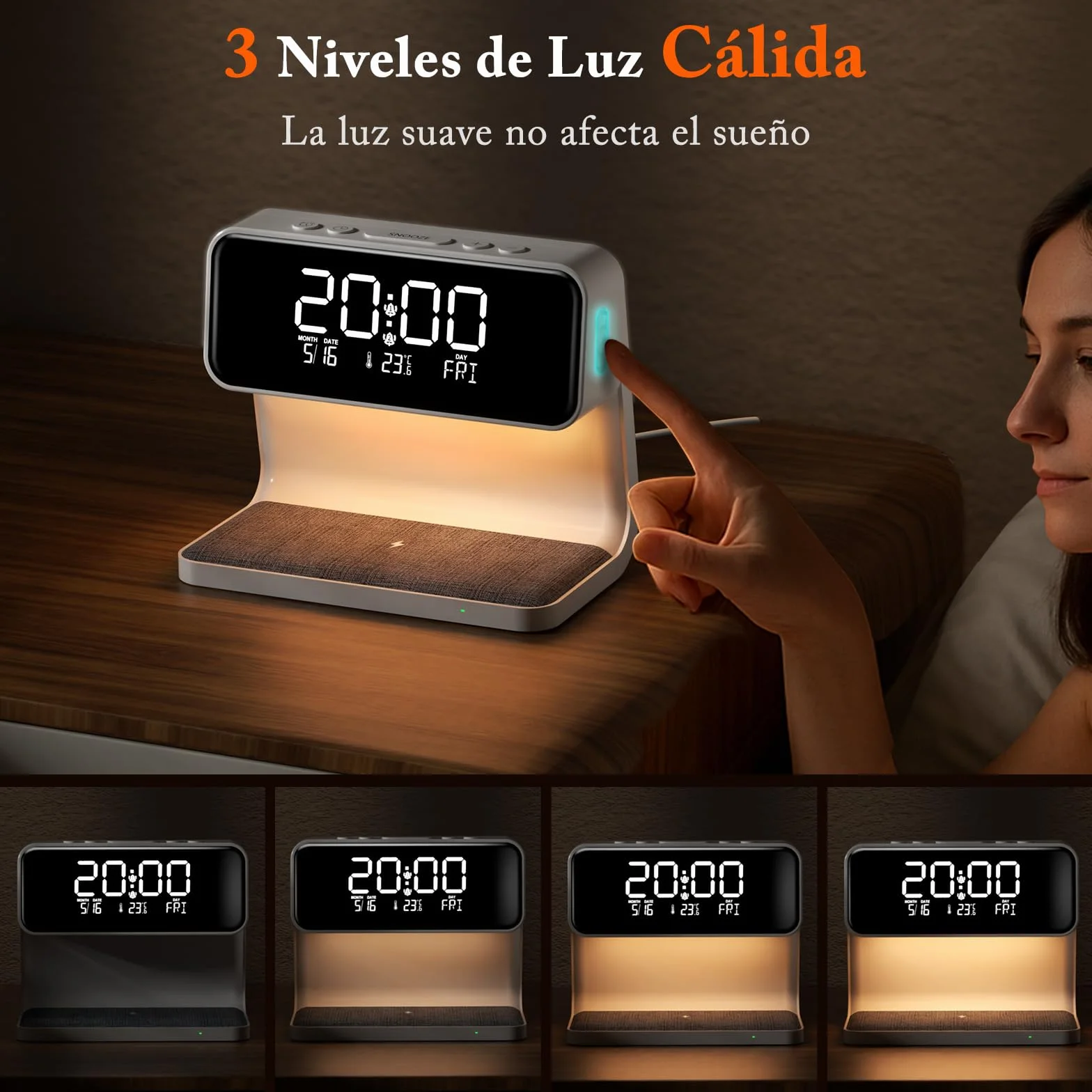 Despertador Digital, Reloj Despertador con Cargador Inalámbrico 15W, LED Pantalla Temperatura/Fecha/2 Alarmas/Snooze Ajustable/12/24H, Despertador Luz con Control Táctil para Infantil Adultos