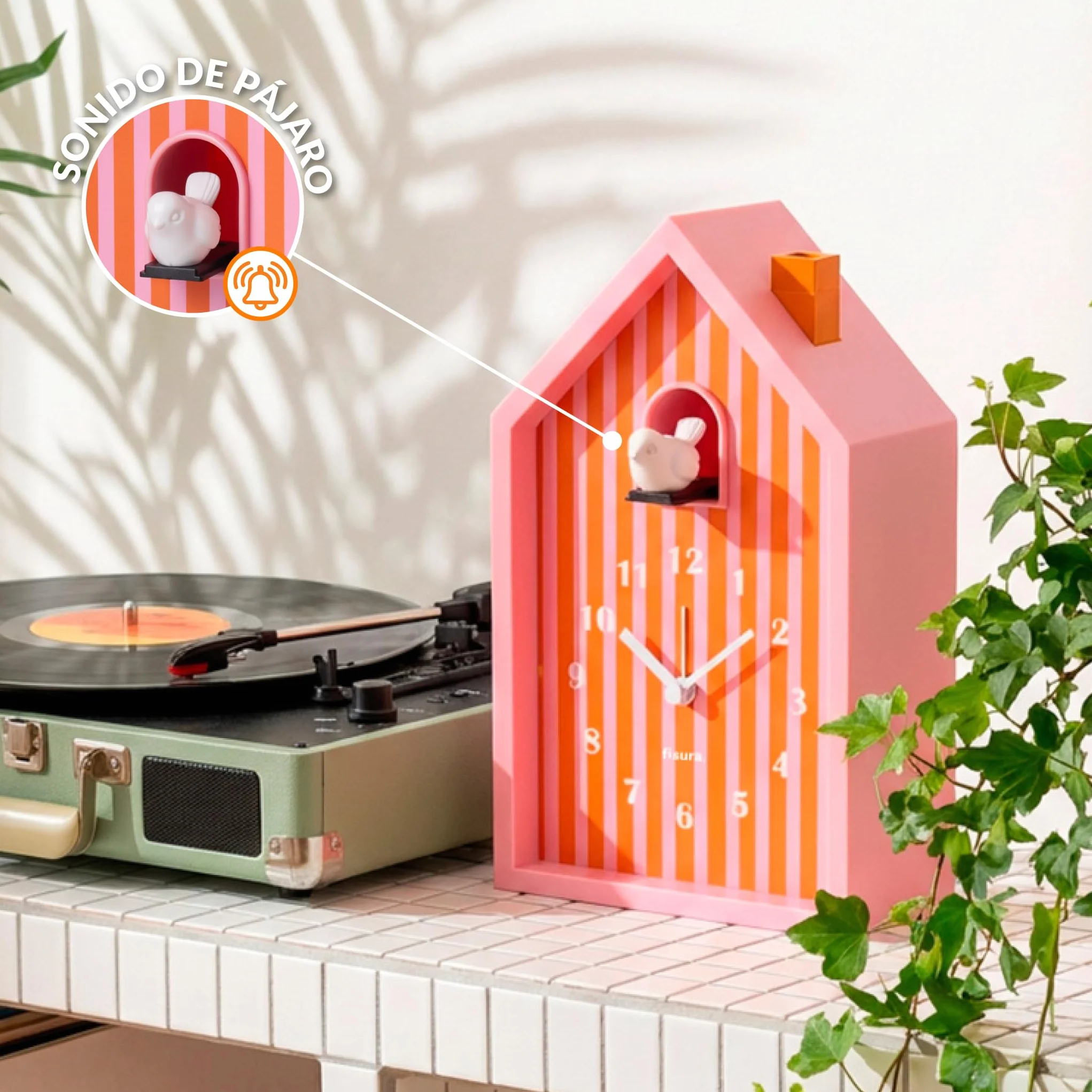 Fisura – Despertador Cuco casita “Rayas” Naranja y Rosa. Despertador analógico Original con Agujas. Botón de Snooze y luz. Regalo Original. 3 Pilas AA (no Incluidas)