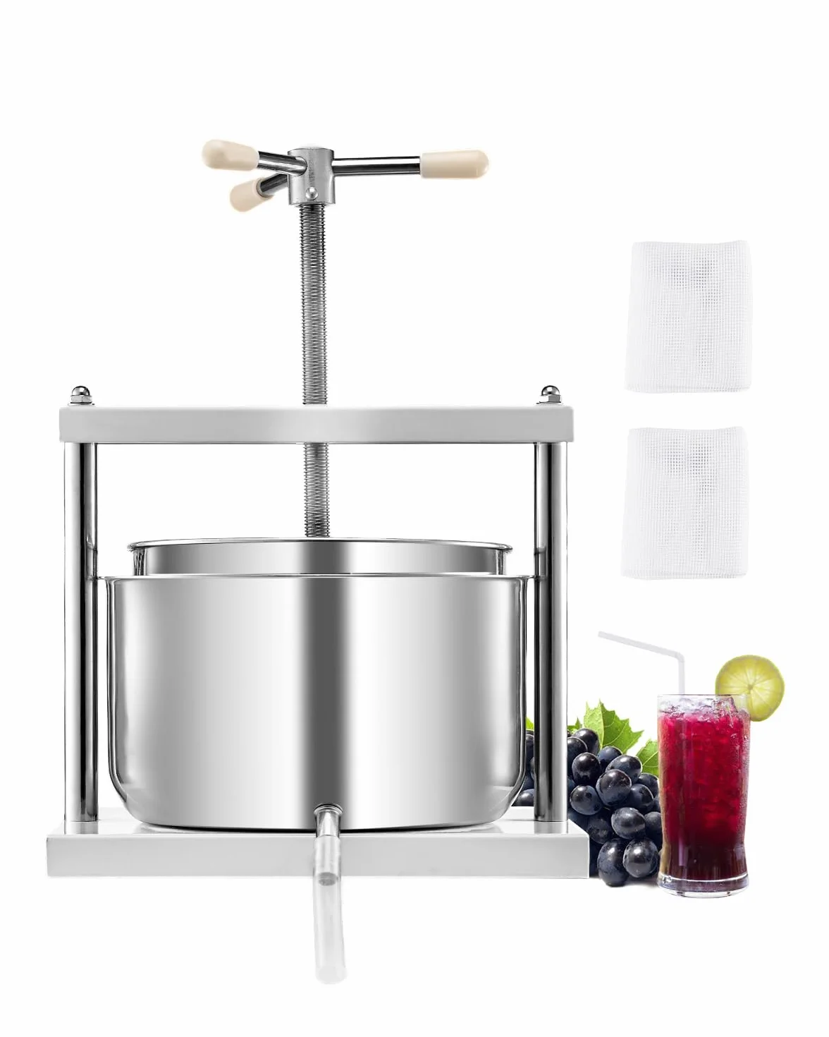 VEVOR Prensa de Vino de Frutas 12 L, 2 Barriles de Acero Inoxidable, Exprimidor Manual, para Hacer Sidra, Manzana, Uva, Tintura, Miel, Aceite de Oliva con Mango Triangular, 370 x 355 x 665 mm