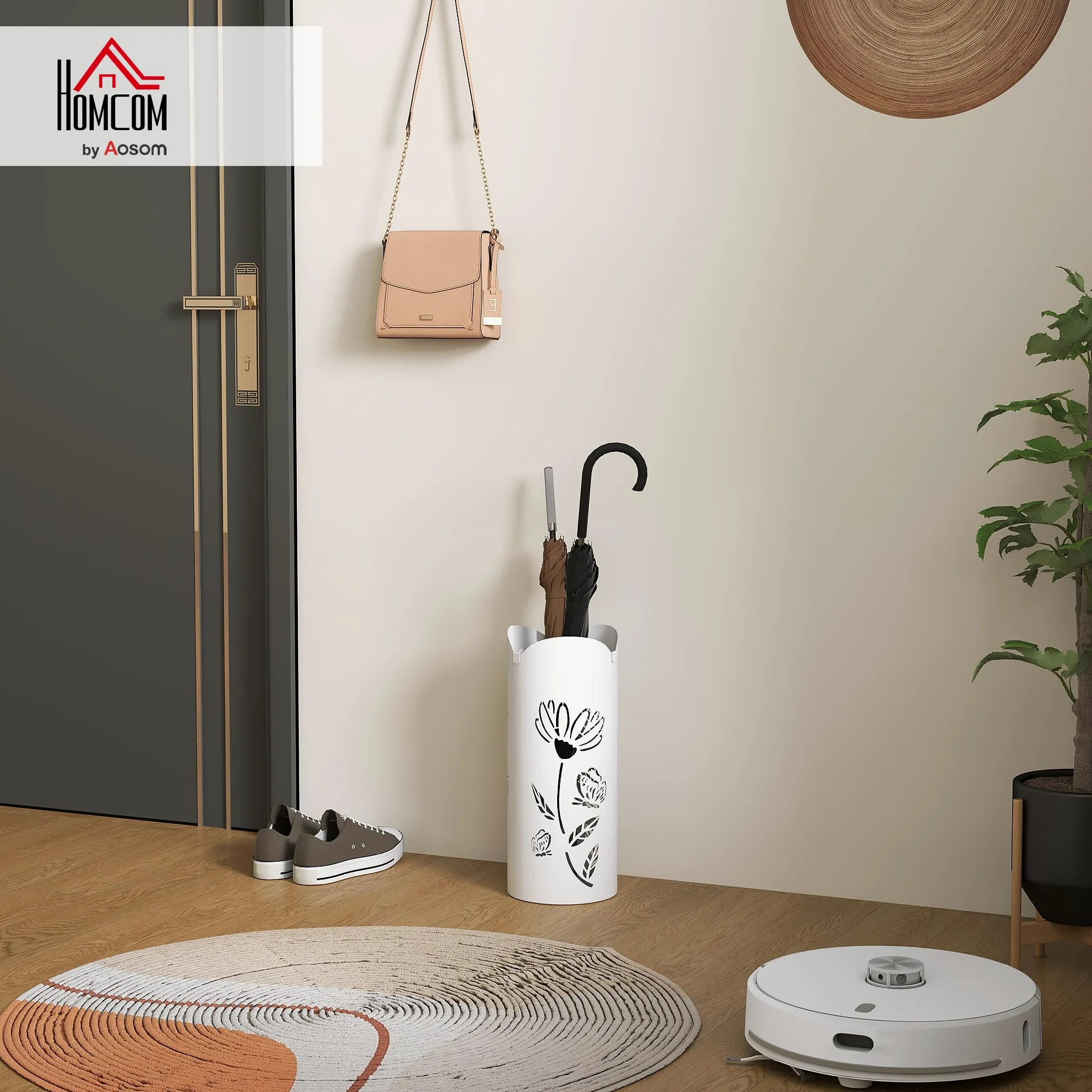 HOMCOM Paragüero de Acero Soporte de Paraguas con 4 Ganchos y Bandeja de Goteo Extraíble Paragüero Blanco para Entrada Oficina 17x17x41 cm