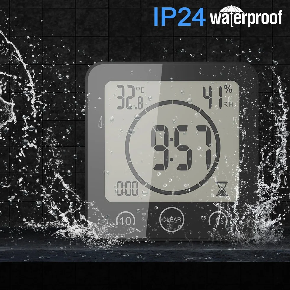 ALLOMN Reloj de Baño, LCD Reloj de Ducha Digital Alarma Impermeable Control Táctil Hum / ℉ Temperatura Humedad, Temporizador de Cuenta Regresiva, 3 Métodos de Montaje, Energía de la Batería (Negro)