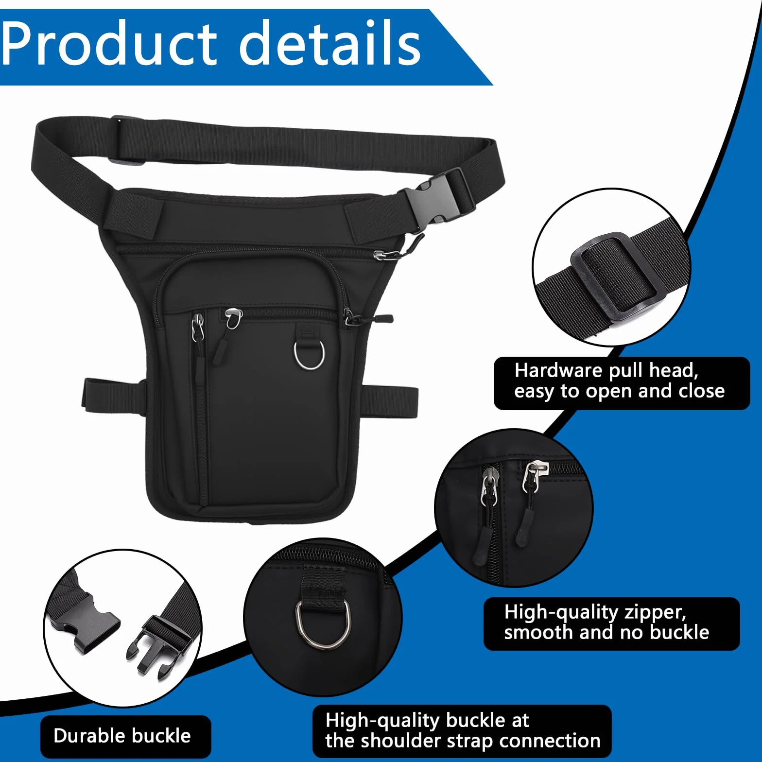 Riñonera Negra Impermeable Moto Bolsa Pierna Ajustable Multiusos para Acampada Senderismo Ciclismo Running