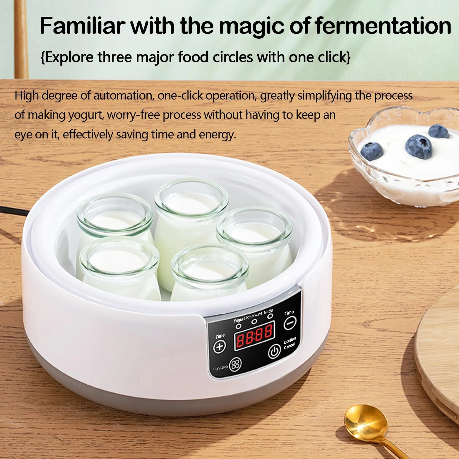 Aisny Yogurtera, Máquina de Yogur con Tazón de Yogur de Acero Inoxidable y 5 Tazas de Yogur 220V 15W Yogurtera Yogur Griego Casero para Hacer Yogur Orgánico Endulzado o Sin Azúcar