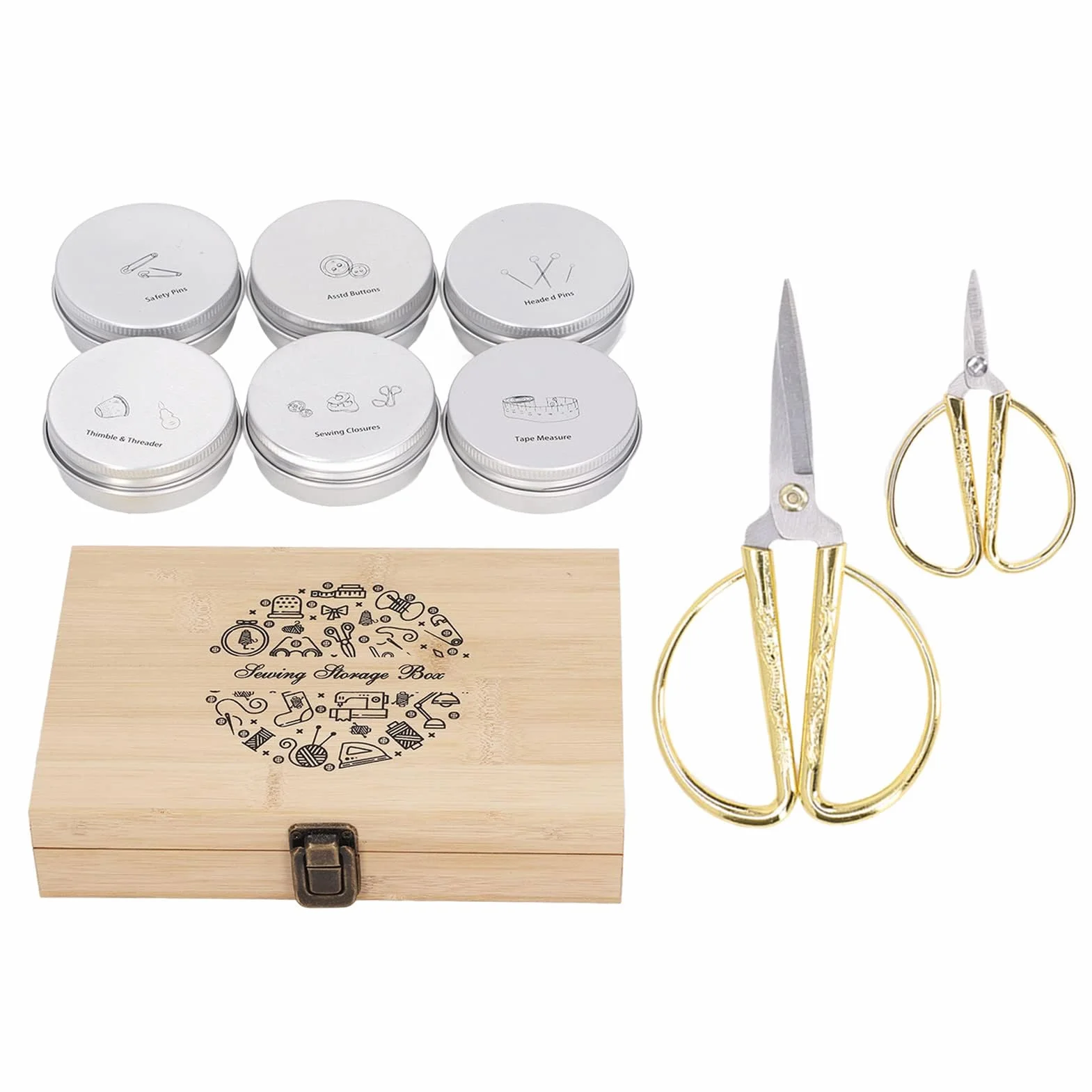 Kit de costura completo de madera con almacenamiento de doble capa, tijeras de acero inoxidable, alfileres, botones, hebillas, dedal, enhebrador y cinta métrica, ideal para