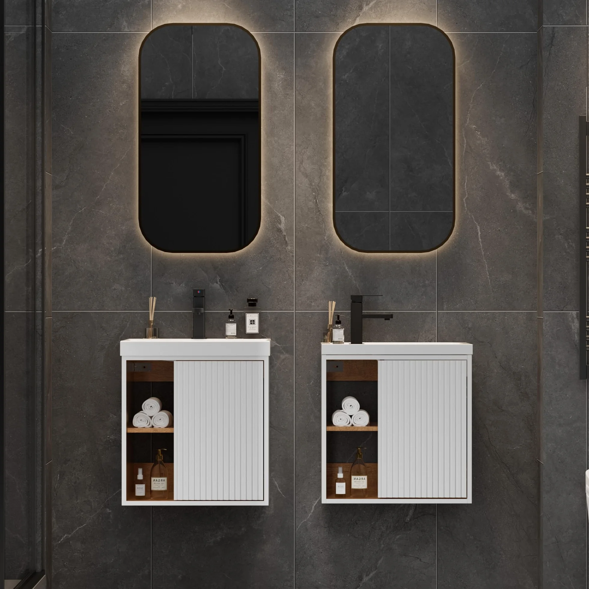 UEV Mueble de Baño con Lavabo de Resina y Grifo en el Centro, Mueble de Baño Suspendido con Diseño único y Práctico, Motivo de Rayas Verticales, 49 x 37 x 50 cm, Blanco