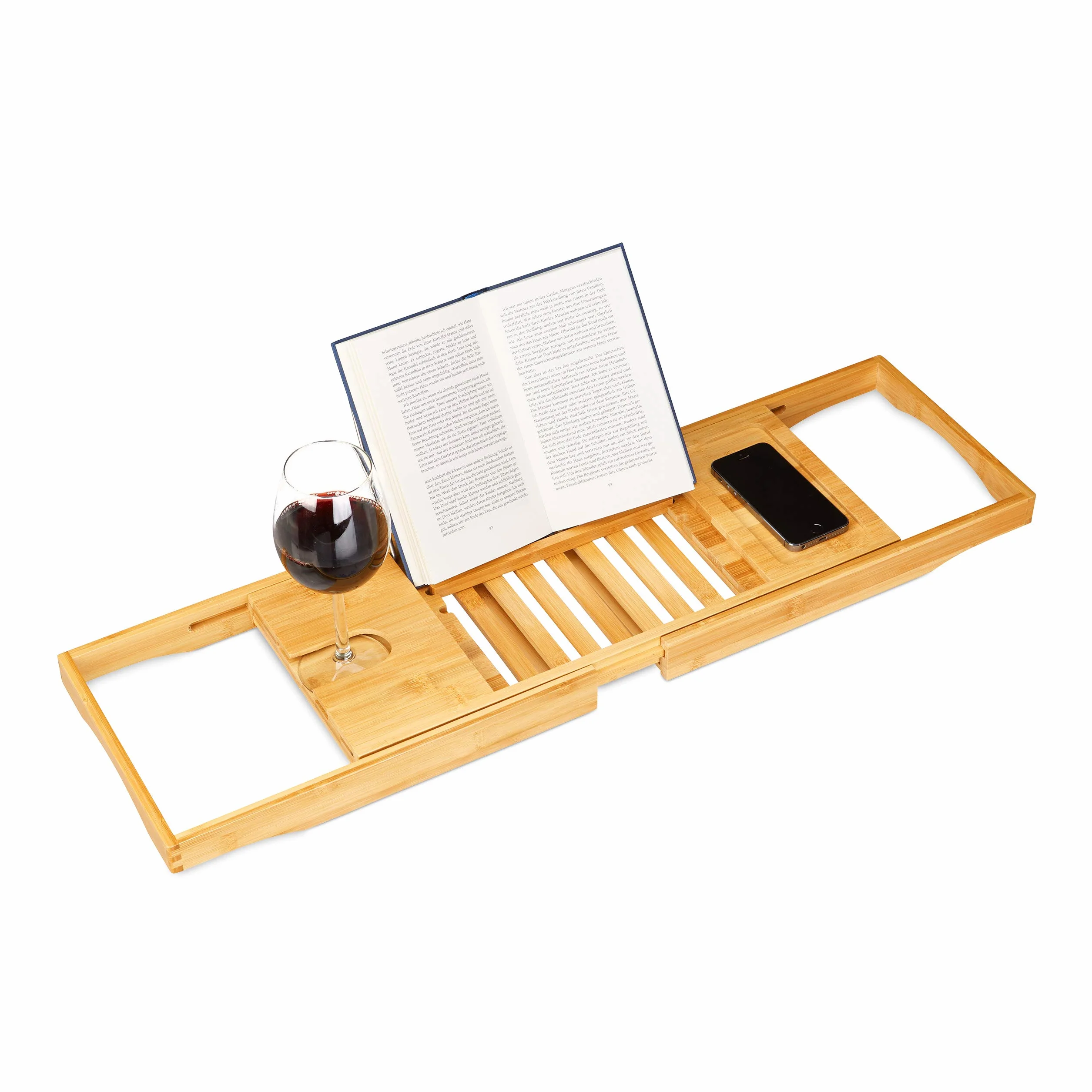 Relaxdays Bandeja Bañera, Tabla de Baño, Ajustable, Atril Libros, Soporte Copas, Bambú, 1 Ud., 17,5 x 70 x 22 cm, Marrón