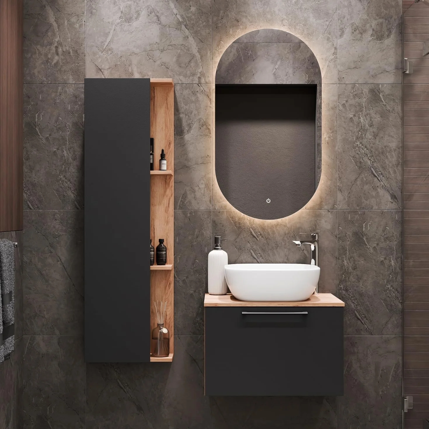 Planetmöbel Astra Conjunto Muebles de baño con Mueble bajo Lavabo 60 cm, 1 Armario Lateral Roble Dorado Antracita, lavamanos sobre encimera 42 cm Blanco