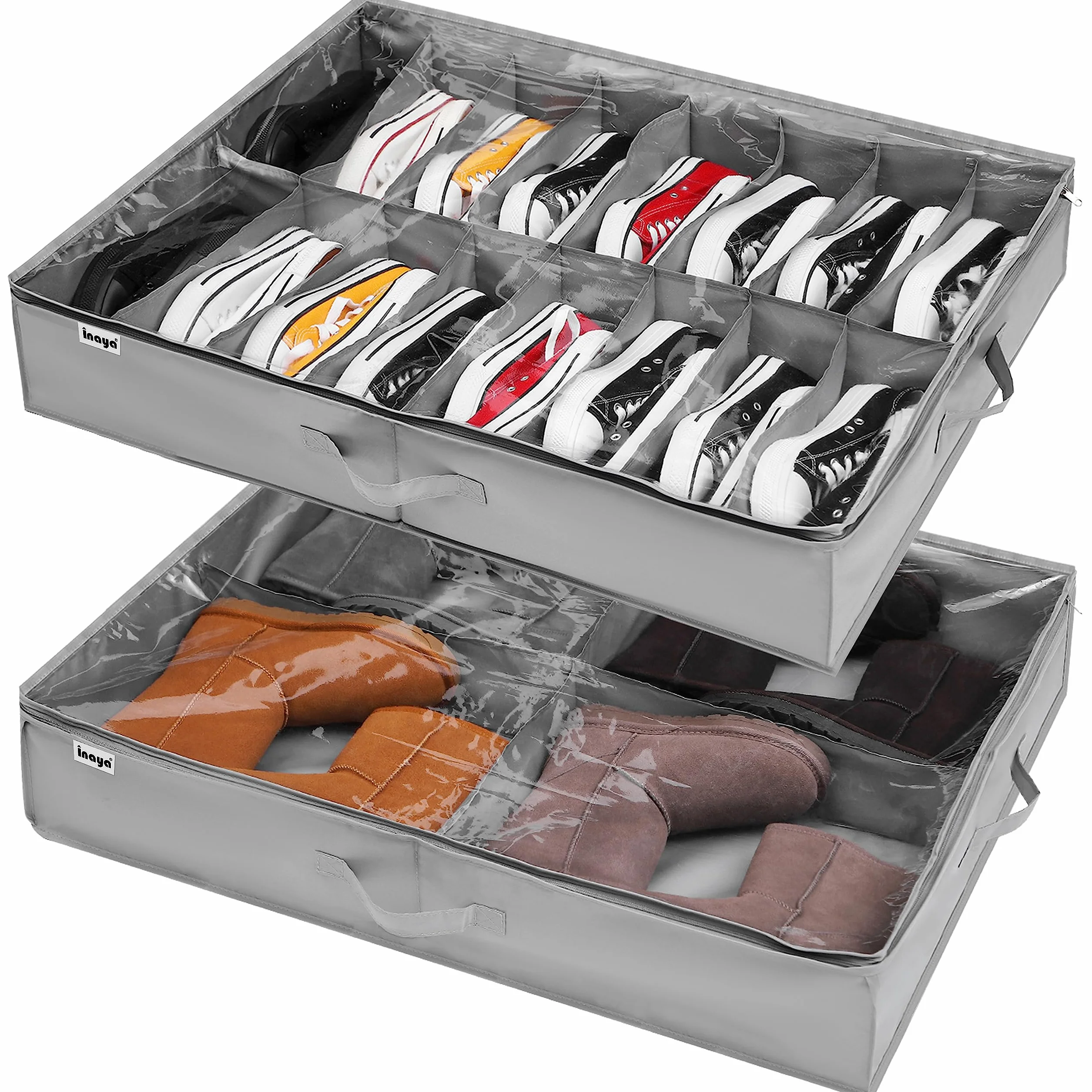 Organizador Zapatos 2 Pcs, para 16 + 4 Pares de Botas, Almacenaje bajo Cama y para Parte Superior del Armario, Cajas para Guardar Organizar con Ventana Transparente