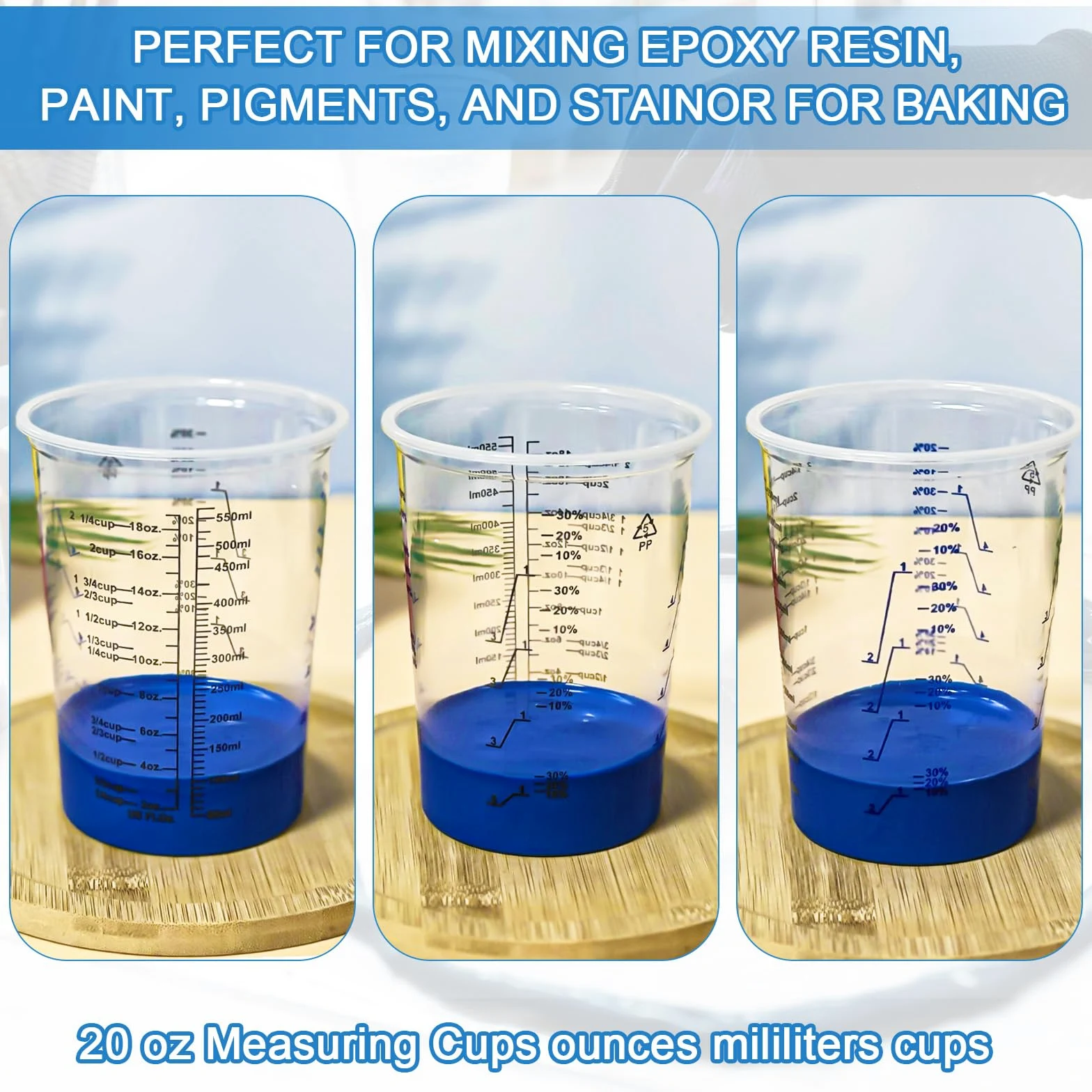 Paquete de 50 tazas medidoras de plástico para líquidos de 20 onzas (600 ml), vasos desechables para mezcla de pintura para resina epoxi, tazas medidoras desechables para resina, relaciones de