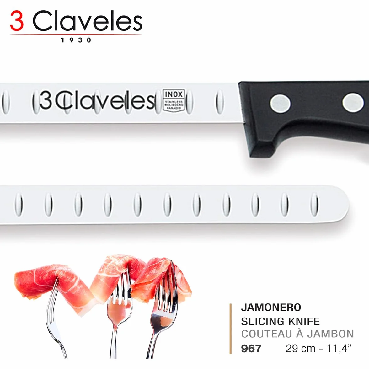 PracticDomus 3 Claveles Cuchillo Jamonero Estrecho, Alveolado, Acero Inoxidable, Mango Pom Negro, 29 cm