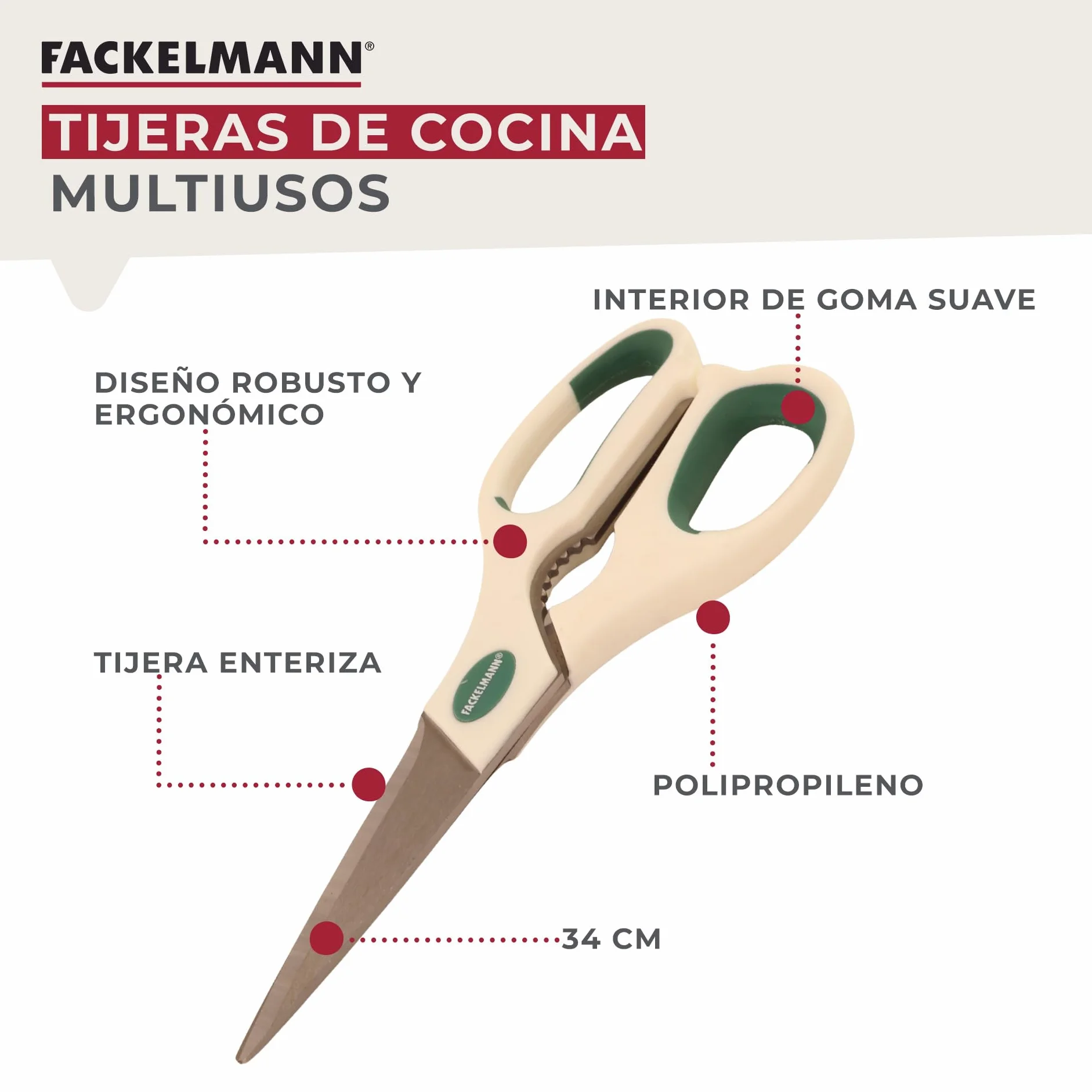 Fackelmann Tijeras Cocina Multifunción de gran tamaño Acero Inoxidable, Polipropileno y Goma, Color Blanco, 22 cm