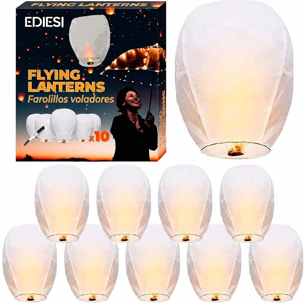 Ediesi, Farolillos Voladores de Papel, 10 Unidades, 100% Biodegradables, Velas Voladoras, Farol Volador, Sky Lanterns, con Rotulador para Escribir Deseos