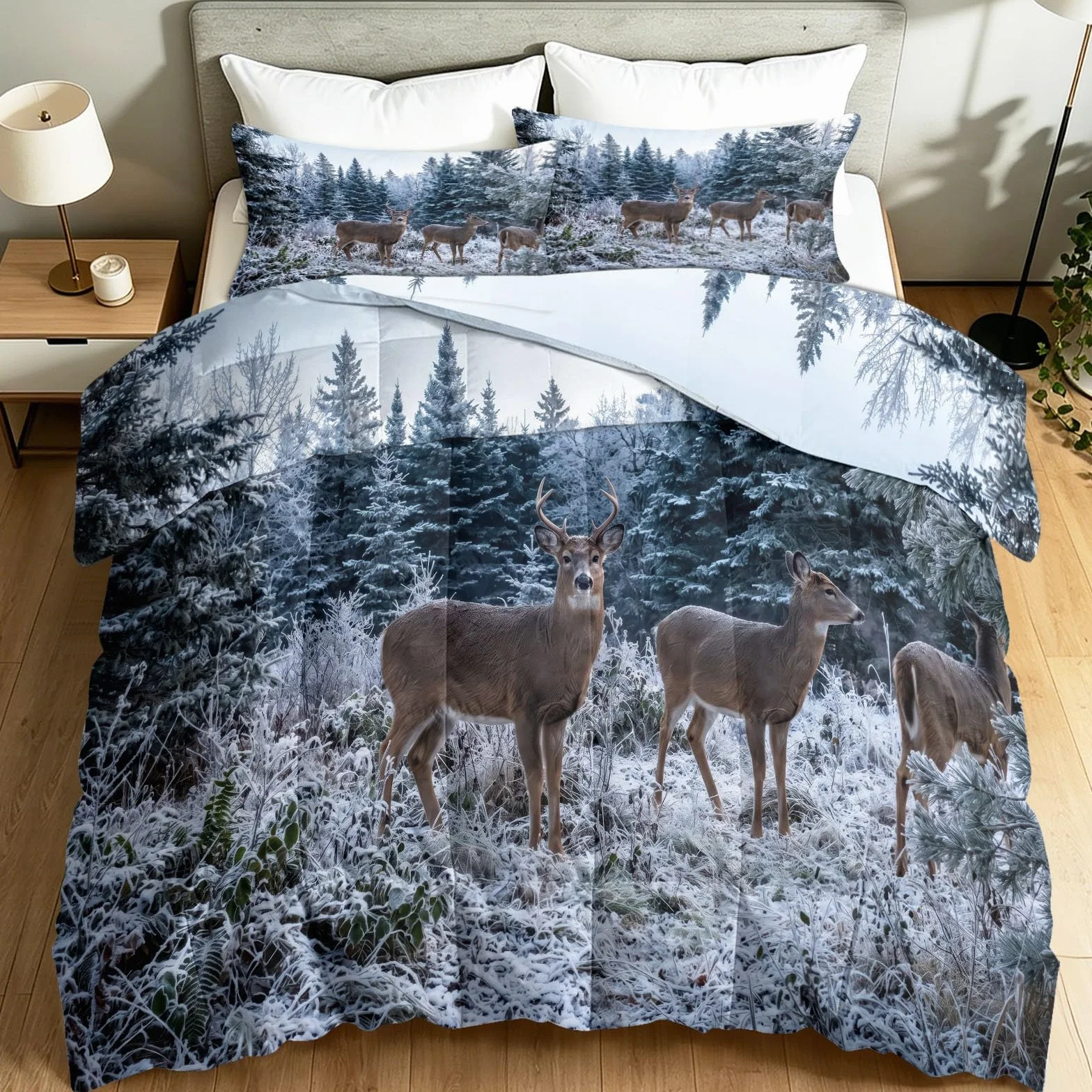 Edredón sin funda de edredón individual de 4,5 tog, 135 x 200 cm, acolchado natural de verano, rebaño de ciervos y paisaje de invierno, manta reversible de paisaje de animales para habitación de