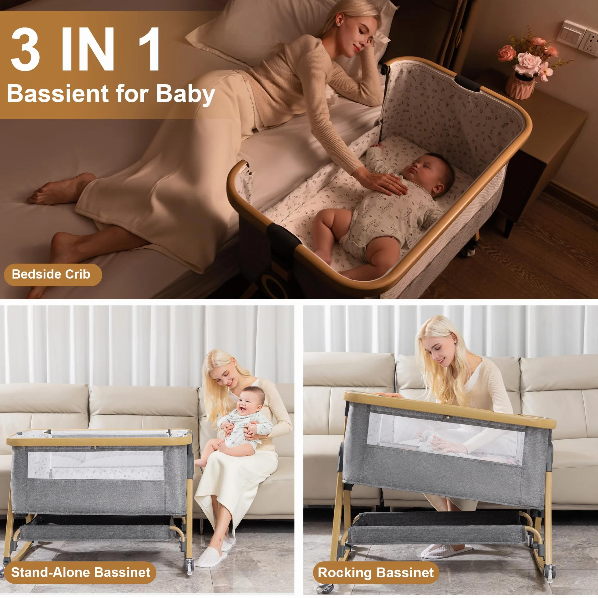 YAZOCO Cuna 3 en 1, Cuna de Colecho, Crib Mecedora, Ajuste de Altura, 4 Ruedas con Freno, Colchón Ergonómico Gris