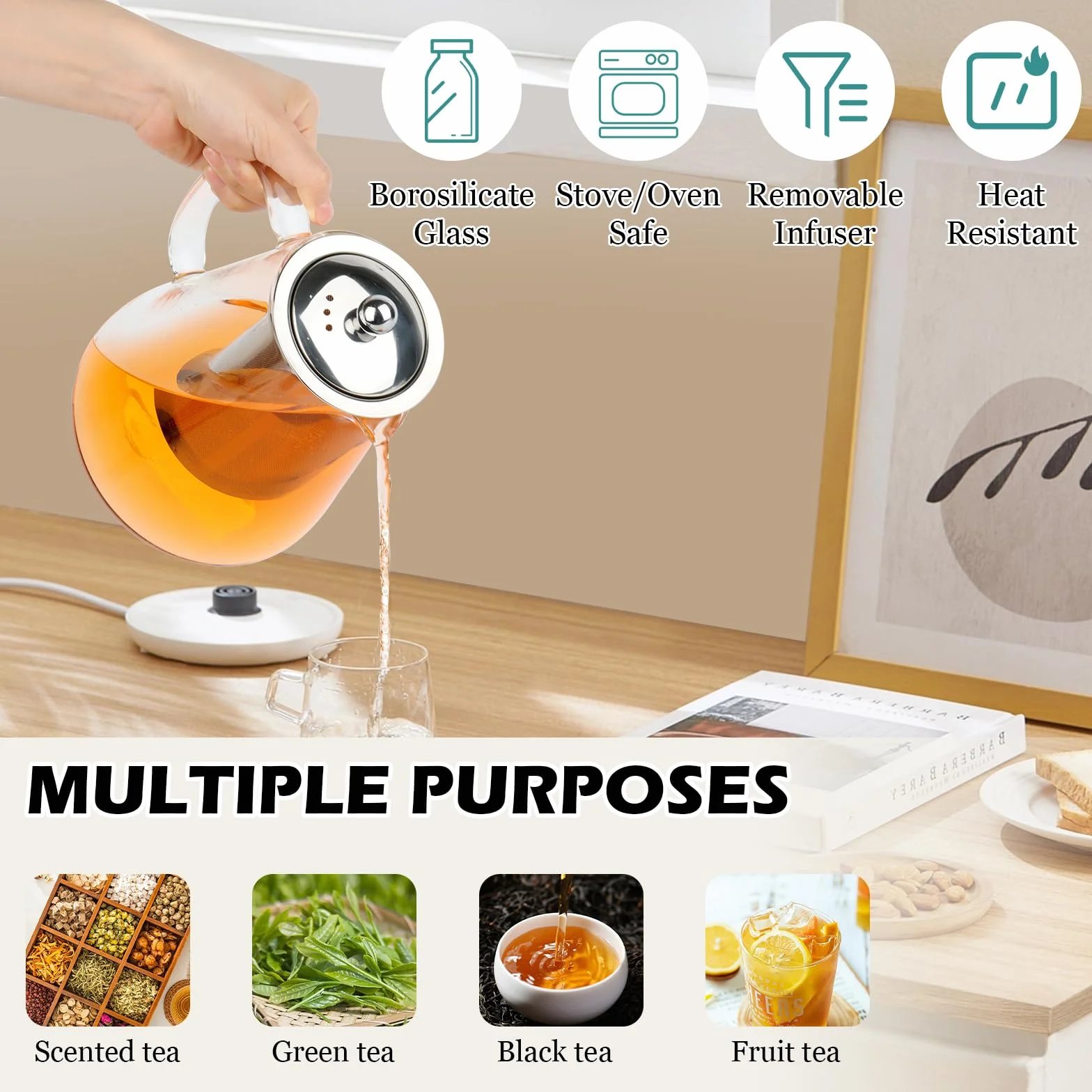 MXTIMWAN Tetera de vidrio de 1,3 litros, resistente al calor, transparente con colador extraíble, para bebidas frías y calientes.