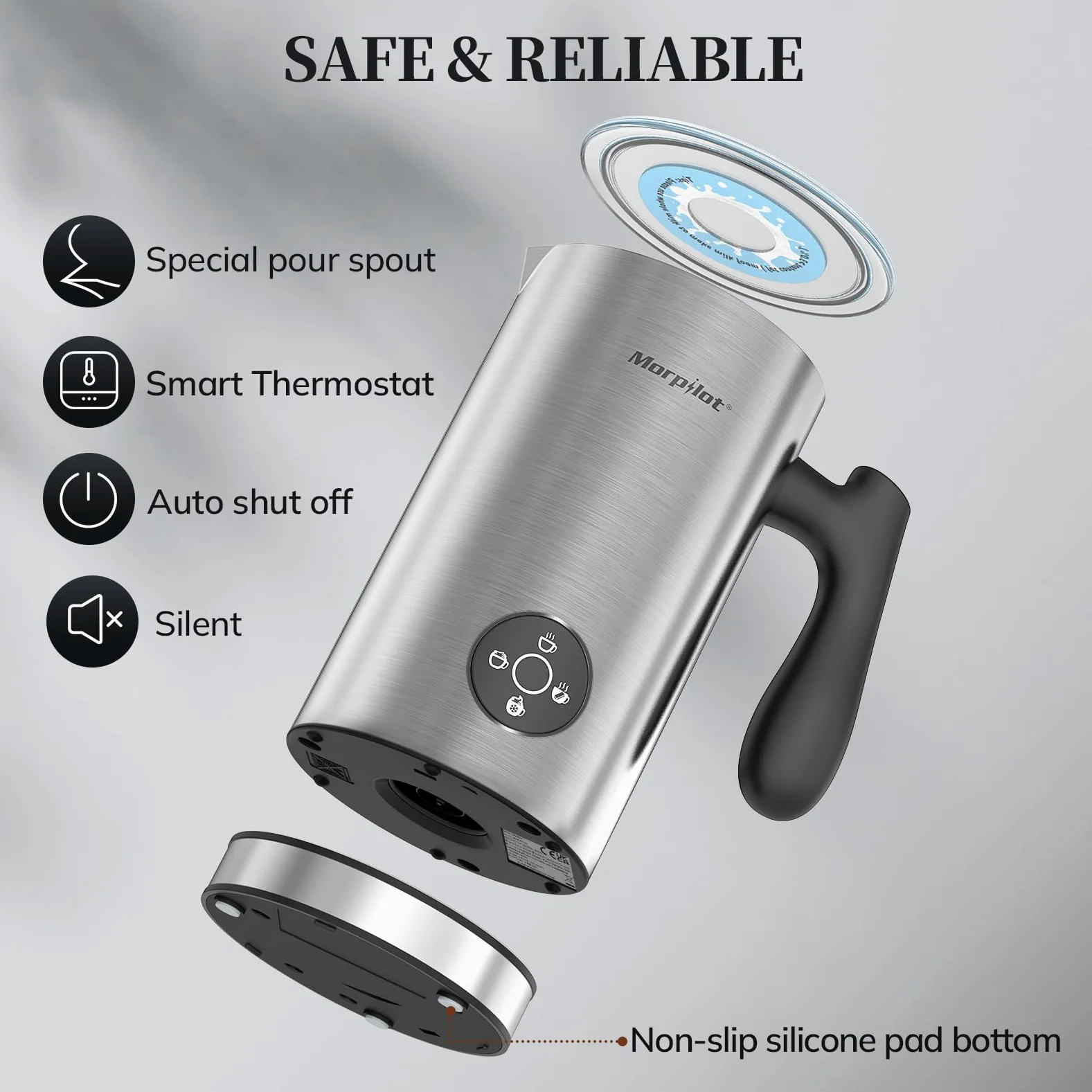Morpilot Espumador de Leche Eléctrico 4 en 1, para Capuchino y Chocolate Caliente, 300 ml, para Espuma de Leche Caliente y Fría, y Chocolate, Antiadherente, Acero Inoxidable