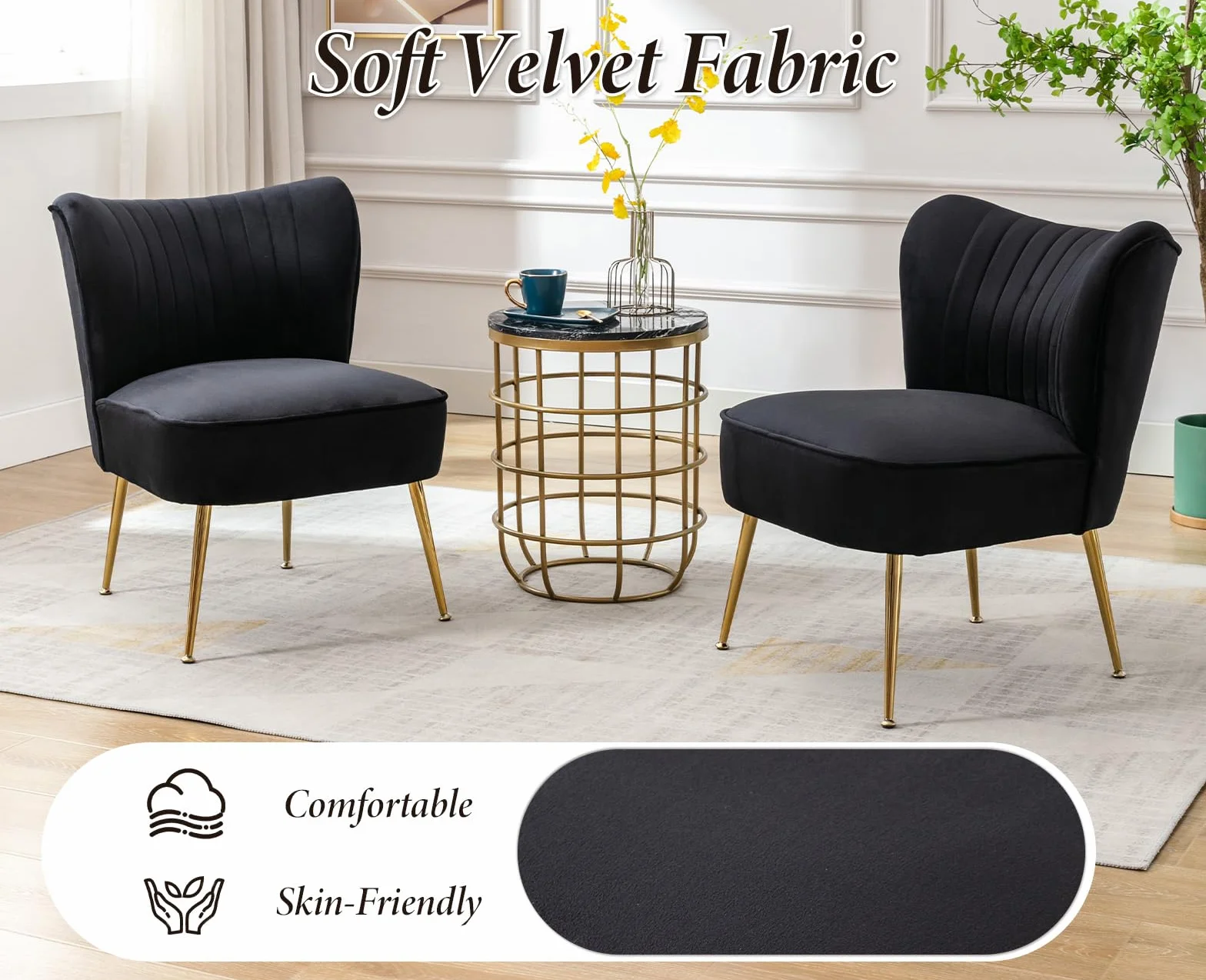 chairus Juego de 2 Sillón Tapizado en Terciopelo Sillón de Salón Moderno con Patas Doradas, Butaca de Salón Elegante sin Brazos para Dormitorio/Tocador, Negro