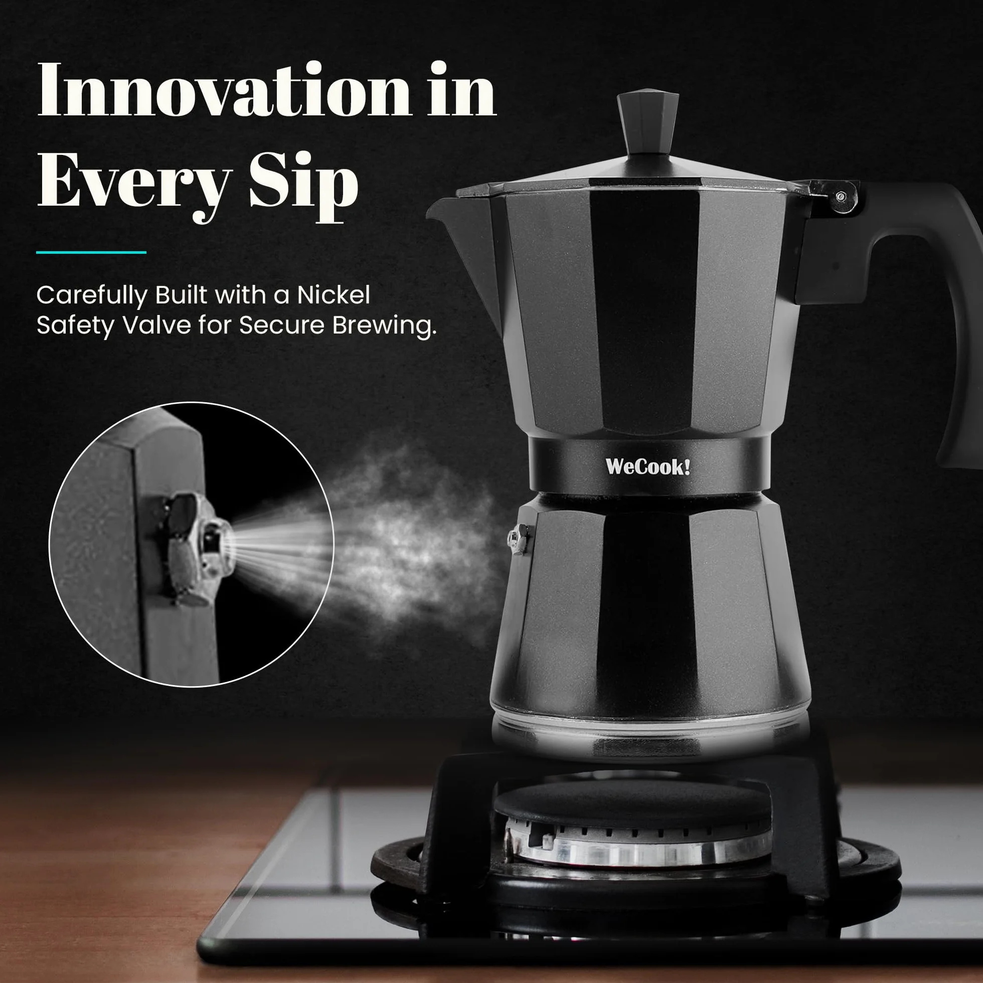 WECOOK! Luccia Cafetera Italiana, Inducción, Aluminio, Express, 1 - 3 Tazas Café, Apta para todas las Cocinas, Color Negro, Junta de Cierre de Silicona, Válvula de Seguridad.