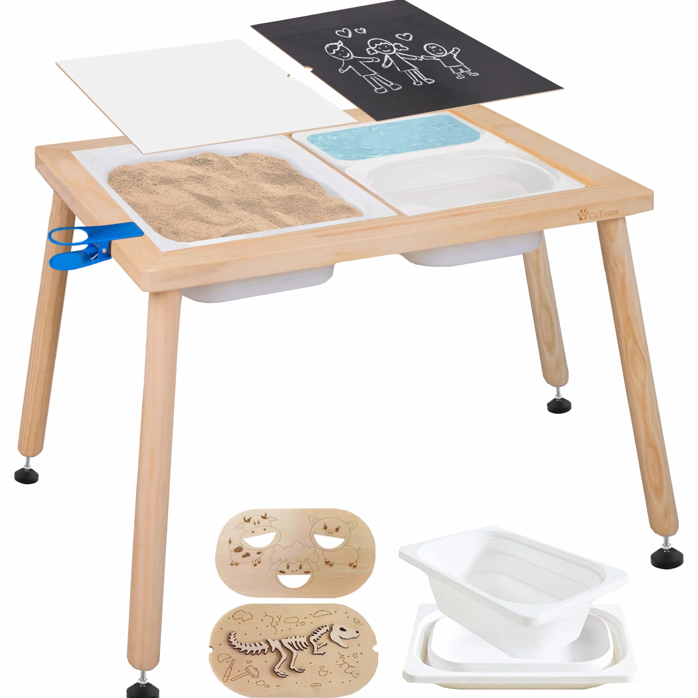 Cateam Mesa Sensorial Niños y Pequeños - 3 Contenedores de Almacenamiento Plegables - Insertos de Rompecabezas Educativos de Madera - Mesa de Actividades con Arena para Jugar con Tapas