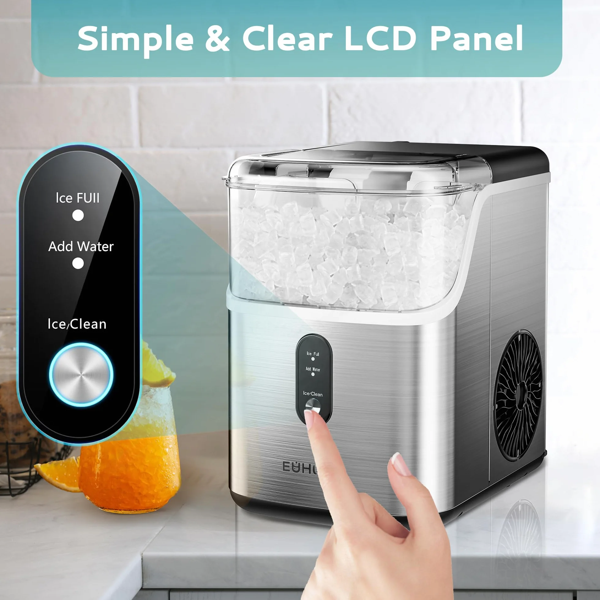 EUHOMY Nugget - Encimera para hacer hielo, máquina para hacer hielo de guijarros con hielo suave de 35 libras/24 horas, máquina de hielo sónico autolimpiable con cuchara de hielo y cesta, máquina de