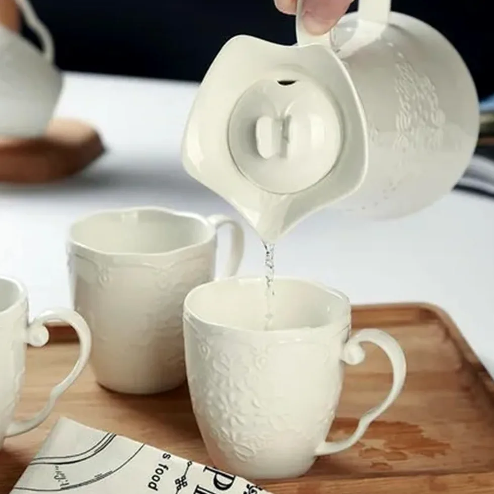 Jarra Jarra de agua cerámica porcelana grabada en relieve blanca 1,2 l | Hervidor de café for la ceremonia del té del café