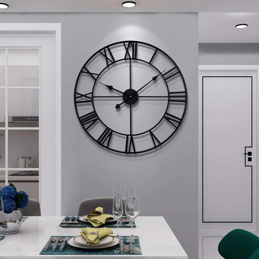 Reloj de pared grande vintage redondo de metal silencioso sin tictac que funciona con pilas con números romanos negros. Tamaño: 60 cm. Para sala de estar, dormitorio, decoración de cocina