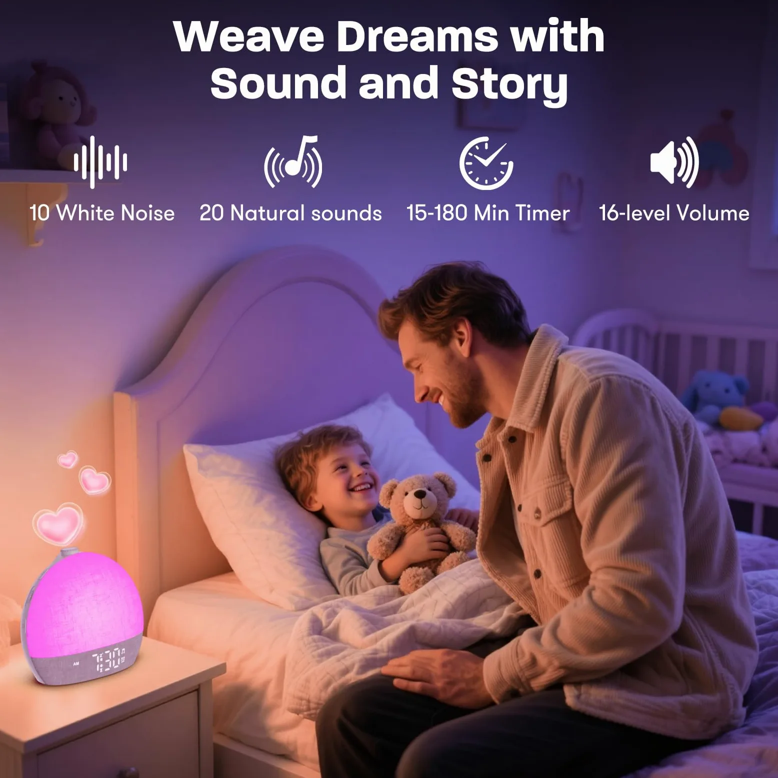 Reloj despertador con luz de amanecer, máquina de sonido de ruido blanco con 30 sonidos relajantes, luces nocturnas regulables, ayuda para dormir, repetición, temporizador, reloj despertador fuerte