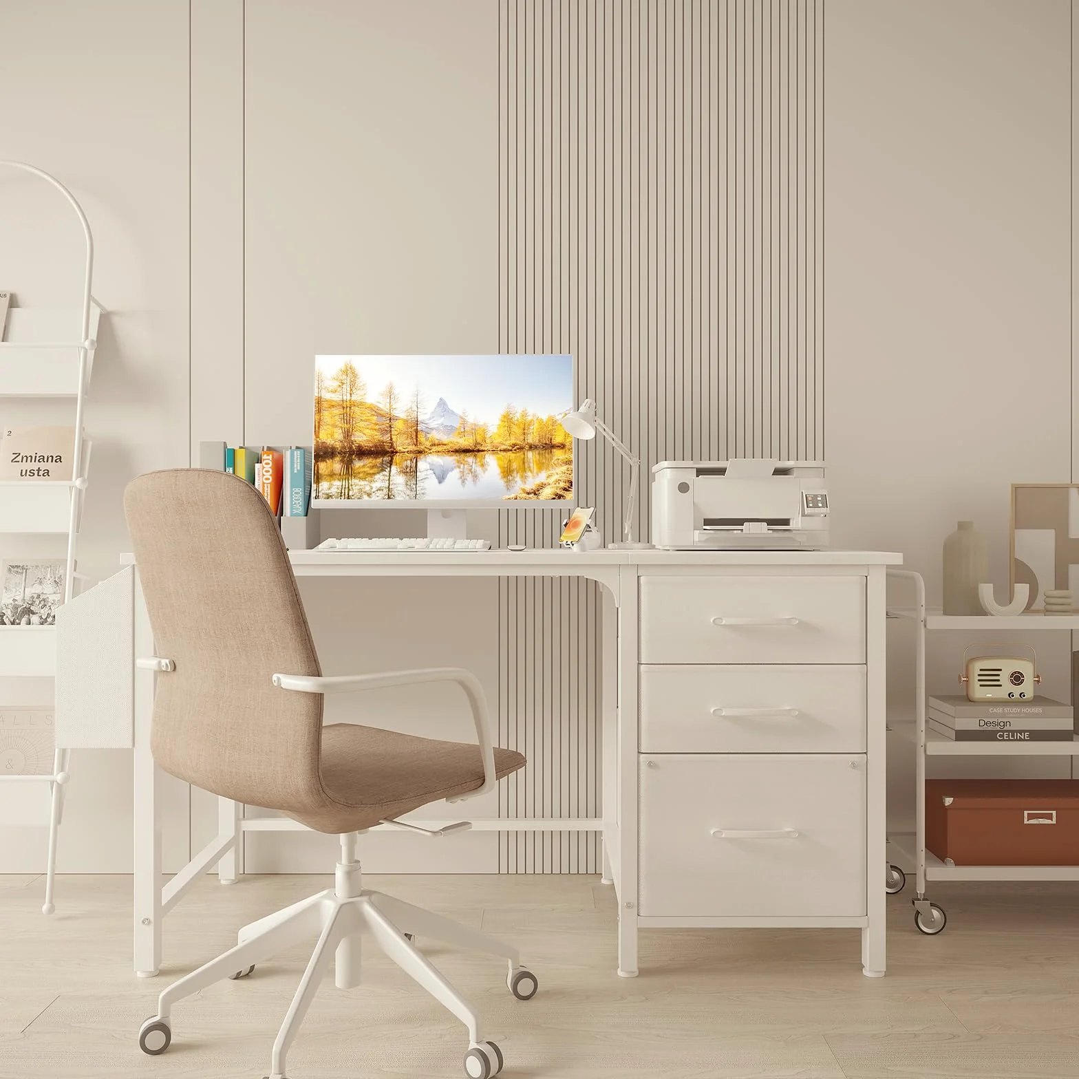 Lufeiya Mesa Escritorio Blanco con 3 Cajones Mesa Escritorio Ordenador Pequeña 120CM para Oficinas Gaming Nña Juveniles