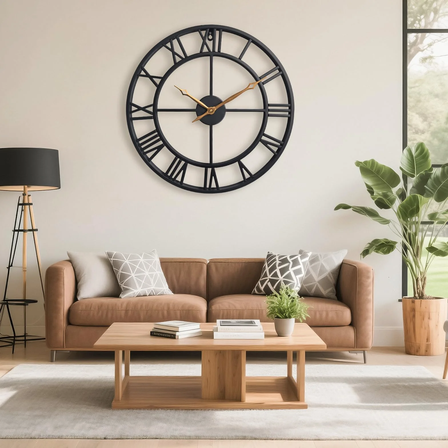 Reloj de pared grande, redondo, silencioso, industrial, vintage, de metal negro, estilo rústico, con grandes números romanos