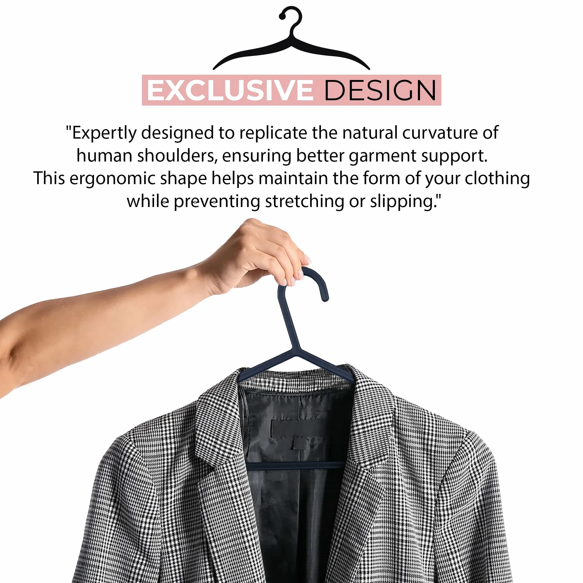 Roe Tenpo Perchas para Abrigos, Paquete de 25 Unidades, Color Negro, Perchas de plástico para Ropa para Adultos, duraderas y Ligeras, diseño Antideslizante Que Ahorra Espacio para Camisas, Chaquetas