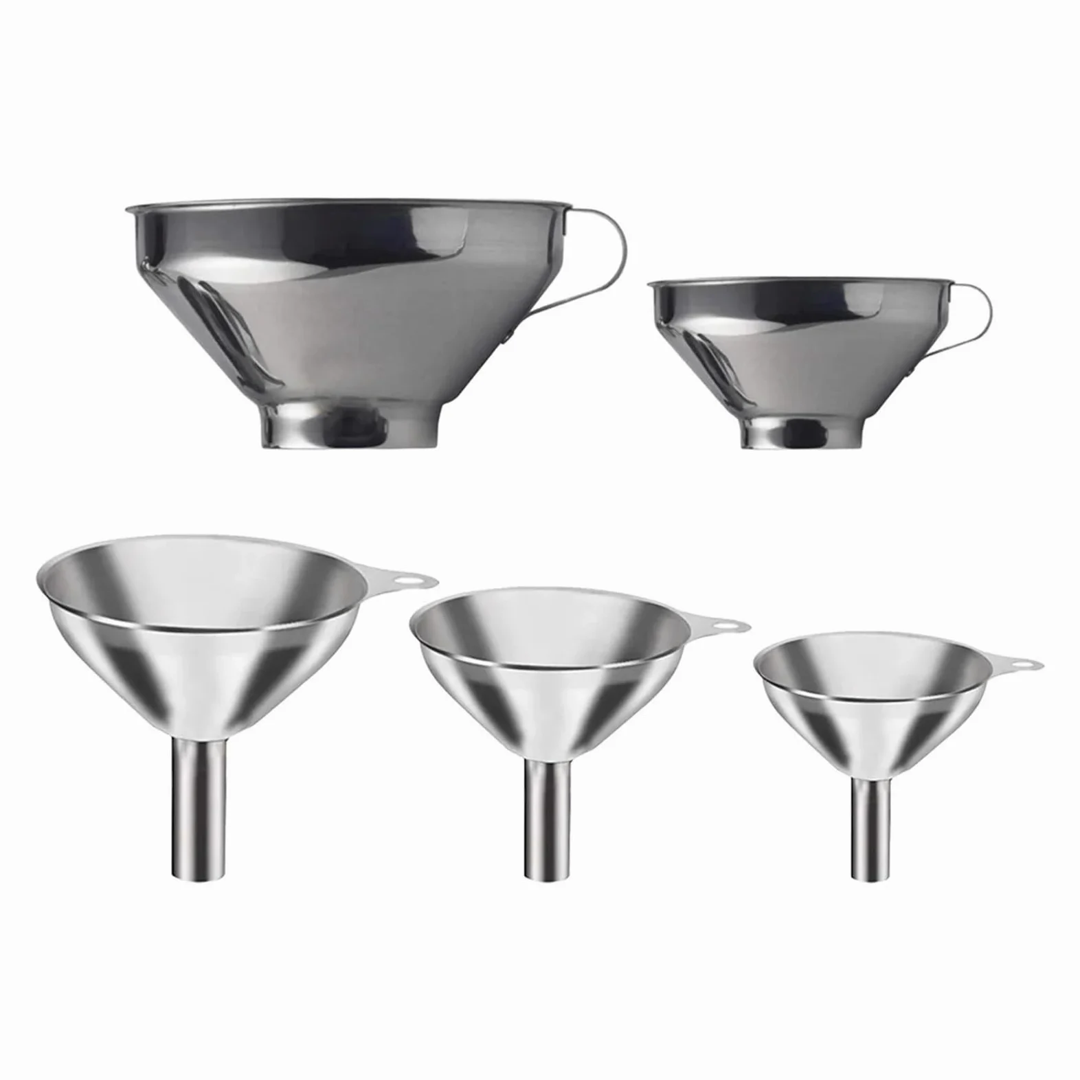 Embudo de acero inoxidable Paquete de 5 embudos de acero inoxidable plateados de varios tamaños, accesorios de cocina