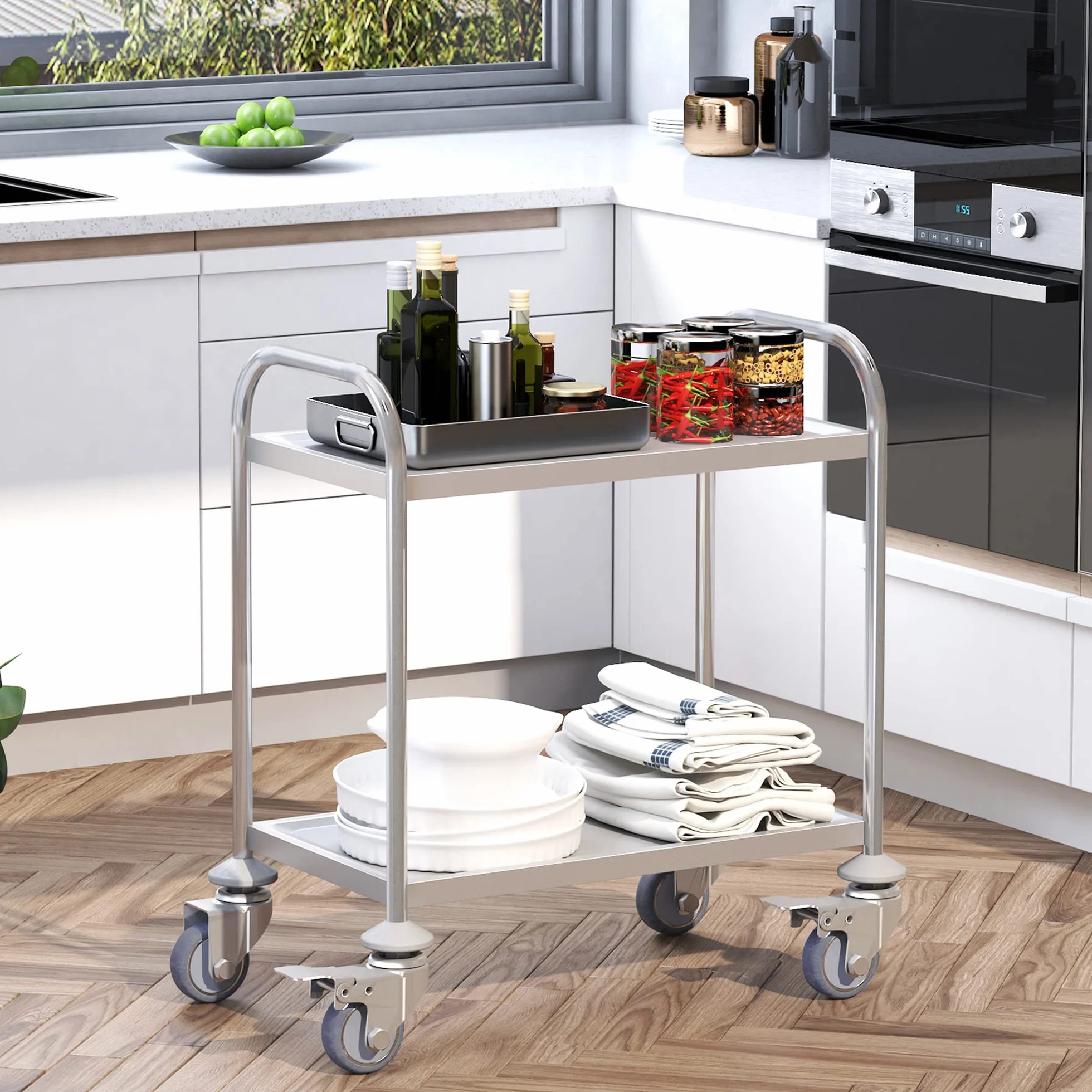 HOMCOM Carrito Auxiliar con Ruedas de Acero Inoxidable 80x45x82 cm Carrito de Cocina con Bandejas y 2 Brazos Carga 100 kg para Comedor Hotel Salón de Belleza Plata