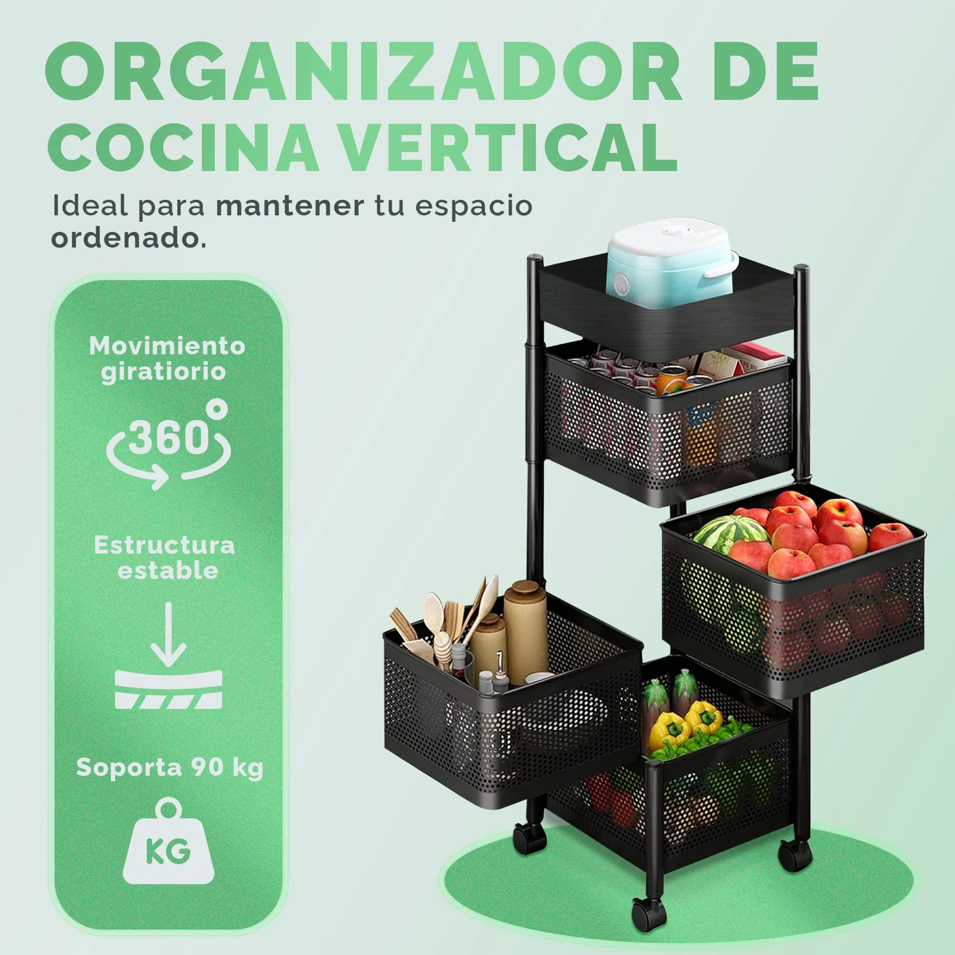 JUPPLIES Carrito Auxiliar con Ruedas - Cesta de Almacenamiento Ahorra Espacio 4 Niveles - Carrito Cocina Giratorio - Estante Cocina, Baño, Estante para Frutas y Verduras