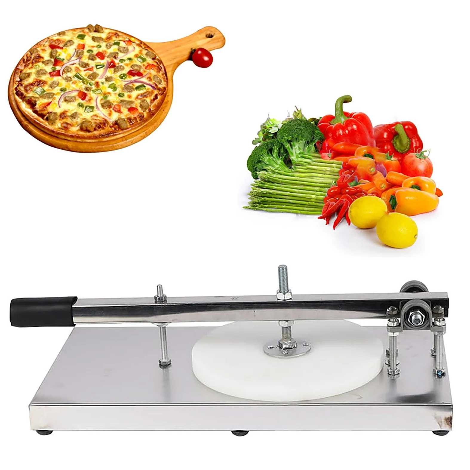 Máquina de prensa de masa de pizza, máquina manual de acero inoxidable para cocina doméstica y uso comercial, ideal para hornear pizza, pan y pasteles