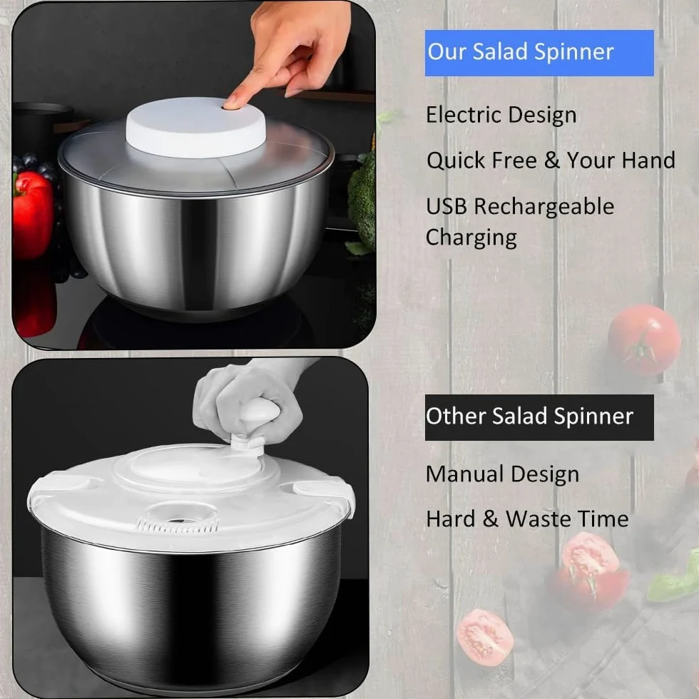 Centrifugador eléctrico de ensalada, recargable por USB, secadora de lechuga de 4,5 L, lavadora de verduras sin BPA con cesta de drenaje para lechuga fresca, verduras y frutas
