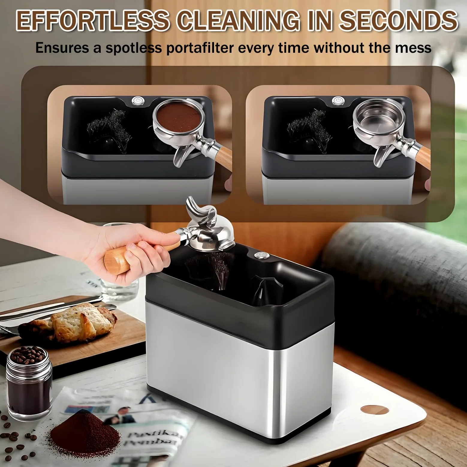 Limpiador de portafiltros eléctrico para Espresso, automático con Cabezales de Cepillo y Dos raspadores, Compatible con portafiltros de 58 mm para una o Dos Tazas. Black