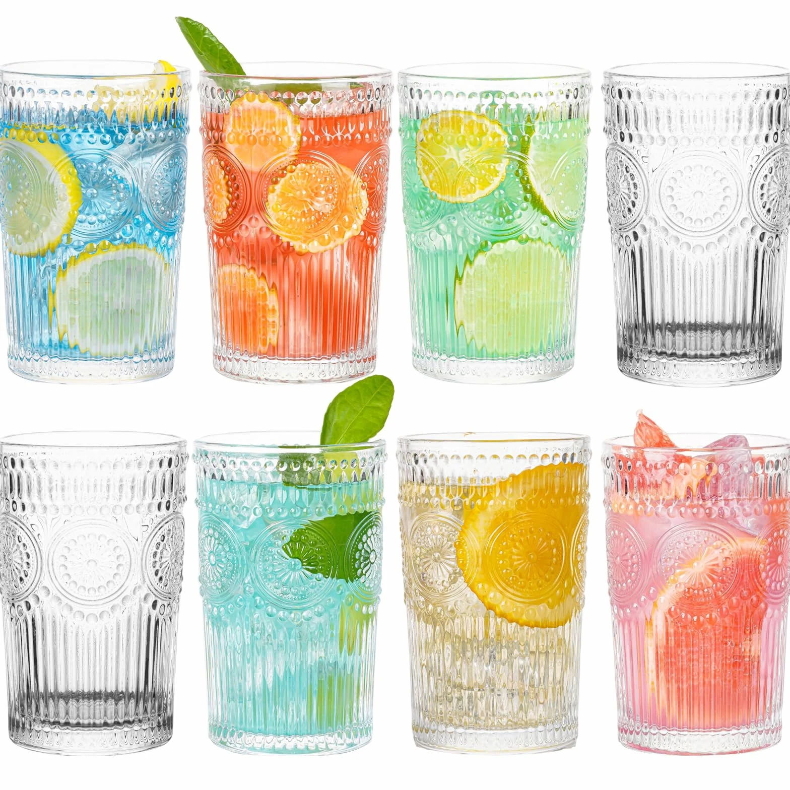 Juego de 8 vasos de cristal vintage de 13.5 onzas, duraderos para cócteles, agua, jugo, cerveza, vino, edición especial, vajilla, apto para lavavajillas