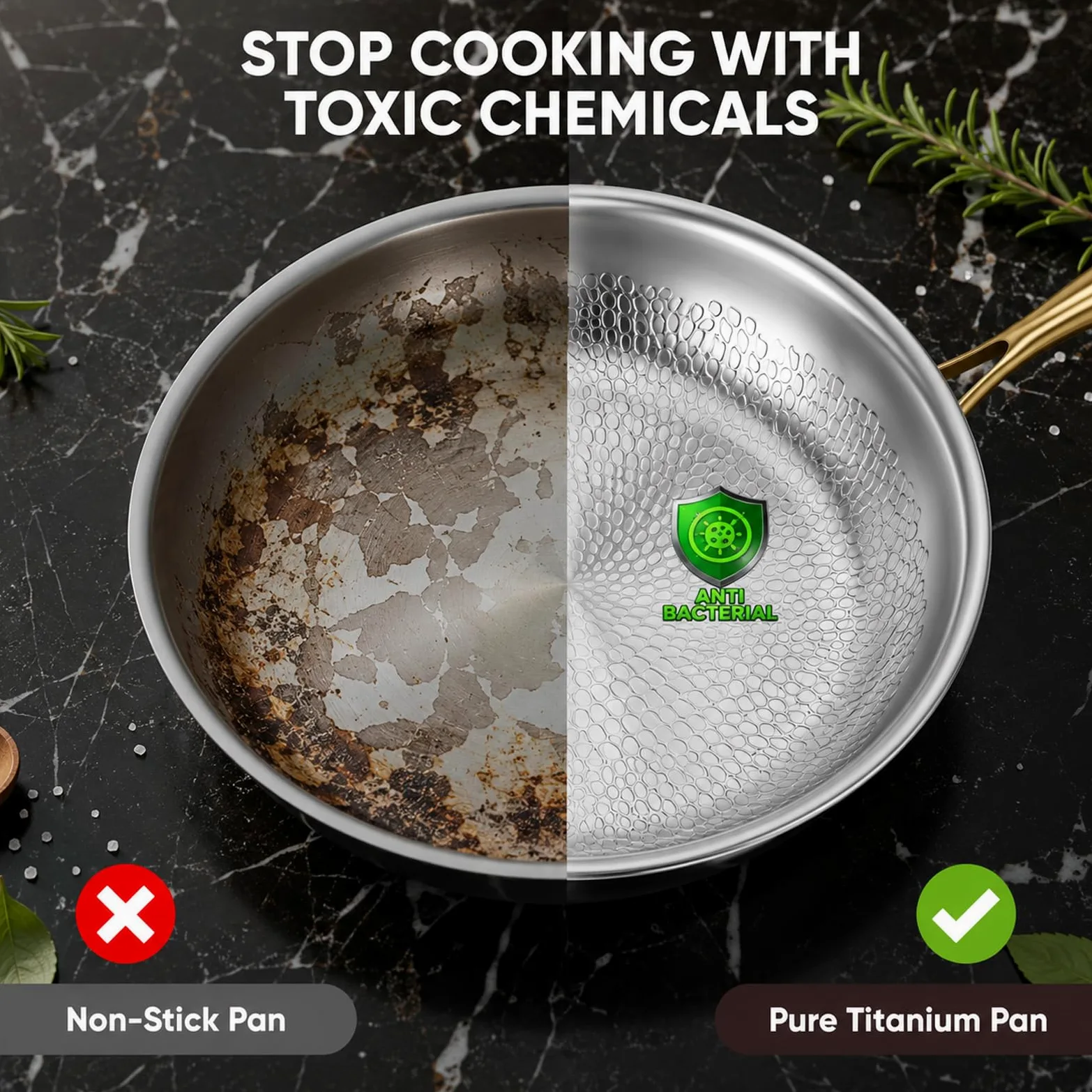 Sartén de titanio con tapa, sartén de titanio sin recubrimiento, Titanium Hammered Pan Pro, estructura física antiadherente gracias al patrón martillado, para todo tipo de cocinas e inducción