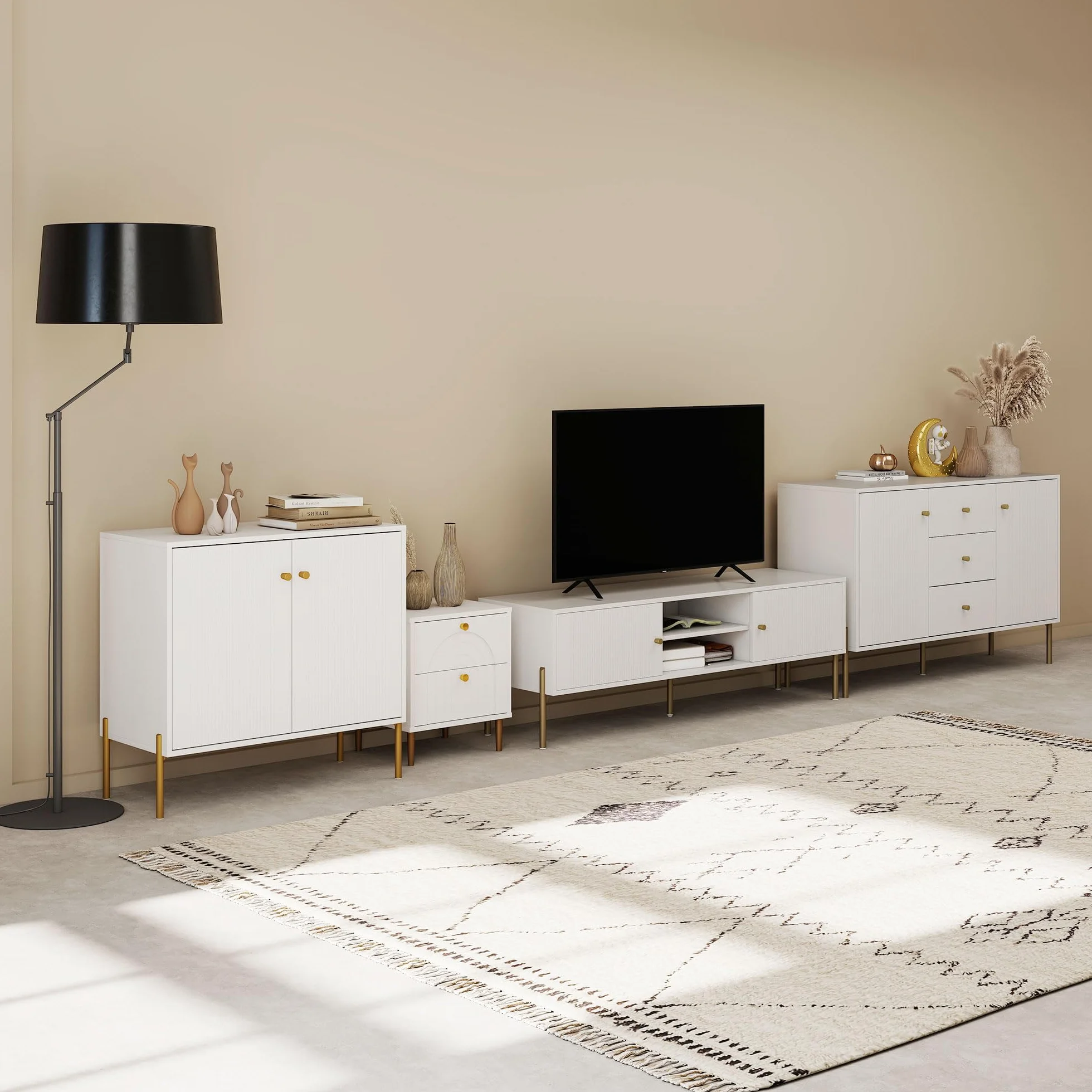 HOMCOM Aparador Moderno de 2 Puertas, Aparador de Salón con Estantes Ajustables, Encimera con Efecto Mármol, Patas de Acero, para Cocina, Entrada, Dormitorio, Blanco, 80x39,1x76 cm