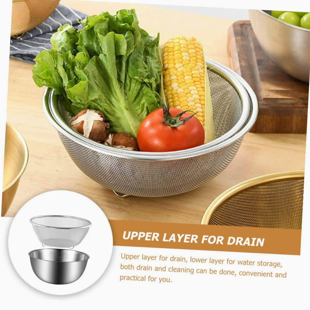 Juego de Colador de Acero Inoxidable para Cocina, 2 Piezas | Malla Fina, Base Plana y Drenaje Estable, Apto para Verduras y Huevos, Acabado Plata