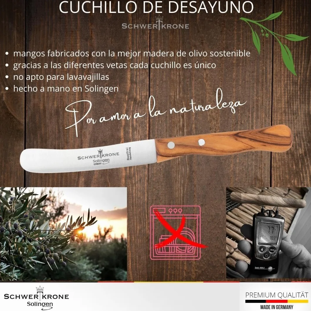 Schwertkrone Buckelsmesser - Cuchillo de desayuno original de Solingen, acero inoxidable, Dwünschliff, madera de olivo