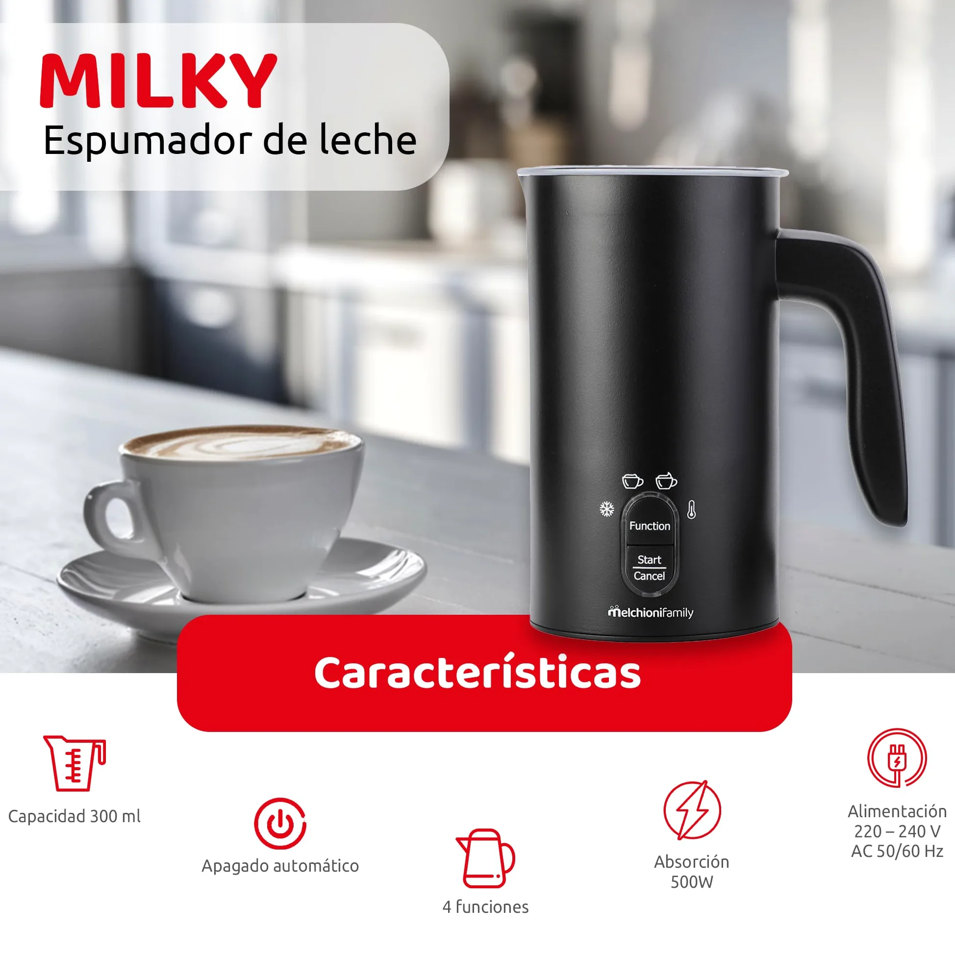 Melchioni Family Milky - Espumador de leche eléctrico, capacidad 300 ml, 4 en 1, apagado automático, espuma fría y caliente, chocolate caliente, capuchino como bar