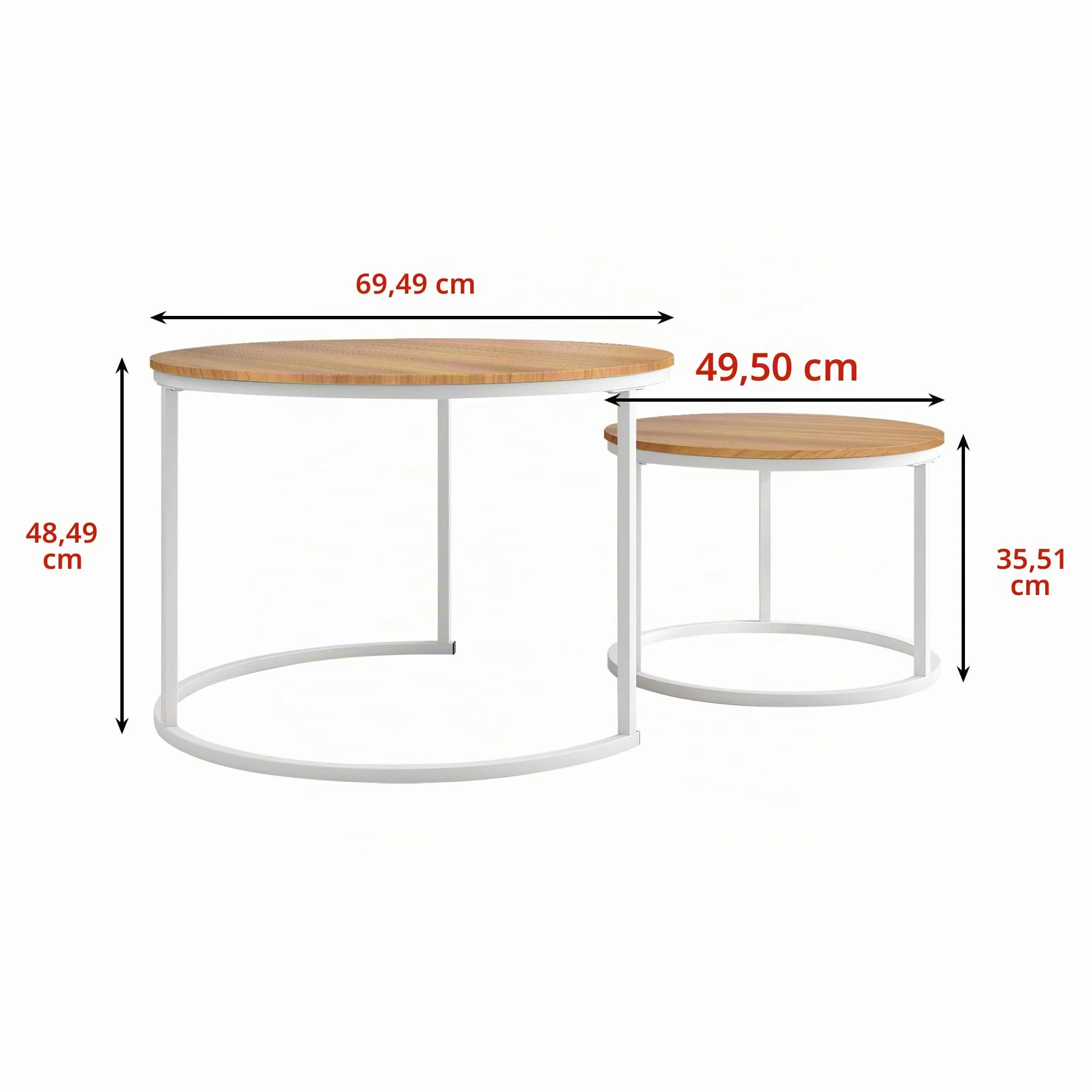 BOFENG Mesa de Centro Redonda Anidable, Juego de 2 Mesas Auxiliares para Sala de Estar/Dormitorio/Espacio Pequeño, Fácil Montaje (Blanco+Roble Oscuro, Juego de 2)