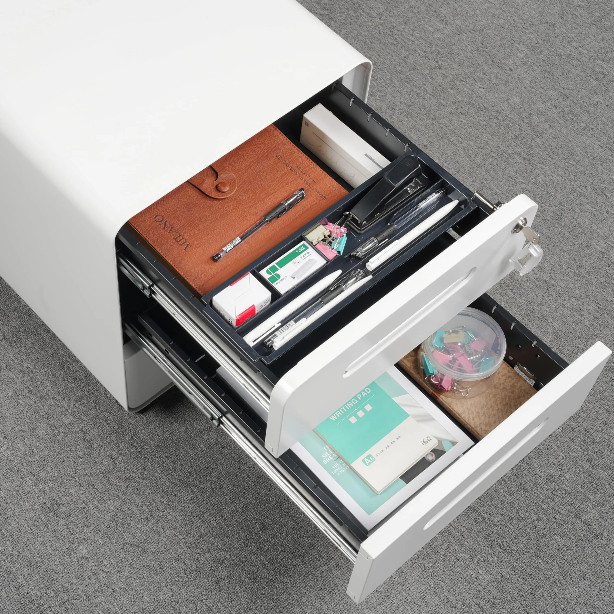 Cajonera Móvil con 3 Cajones, Archivador de Oficina con Ruedas, Diseño de Esquinas Redondeadas, Completamente Ensamblado, con Cerradura y 4 Llaves, Blanco